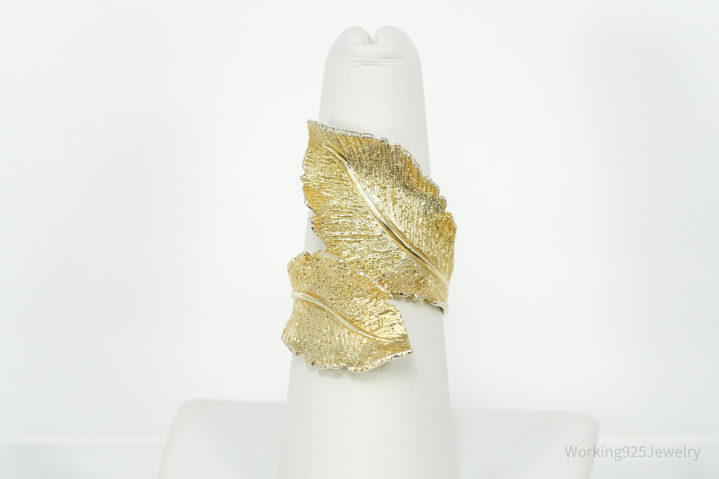 Vintage Italian Dyadema 18K Yellow Gold Plated Figural Leaf Sterling Silver Ring - Size 7