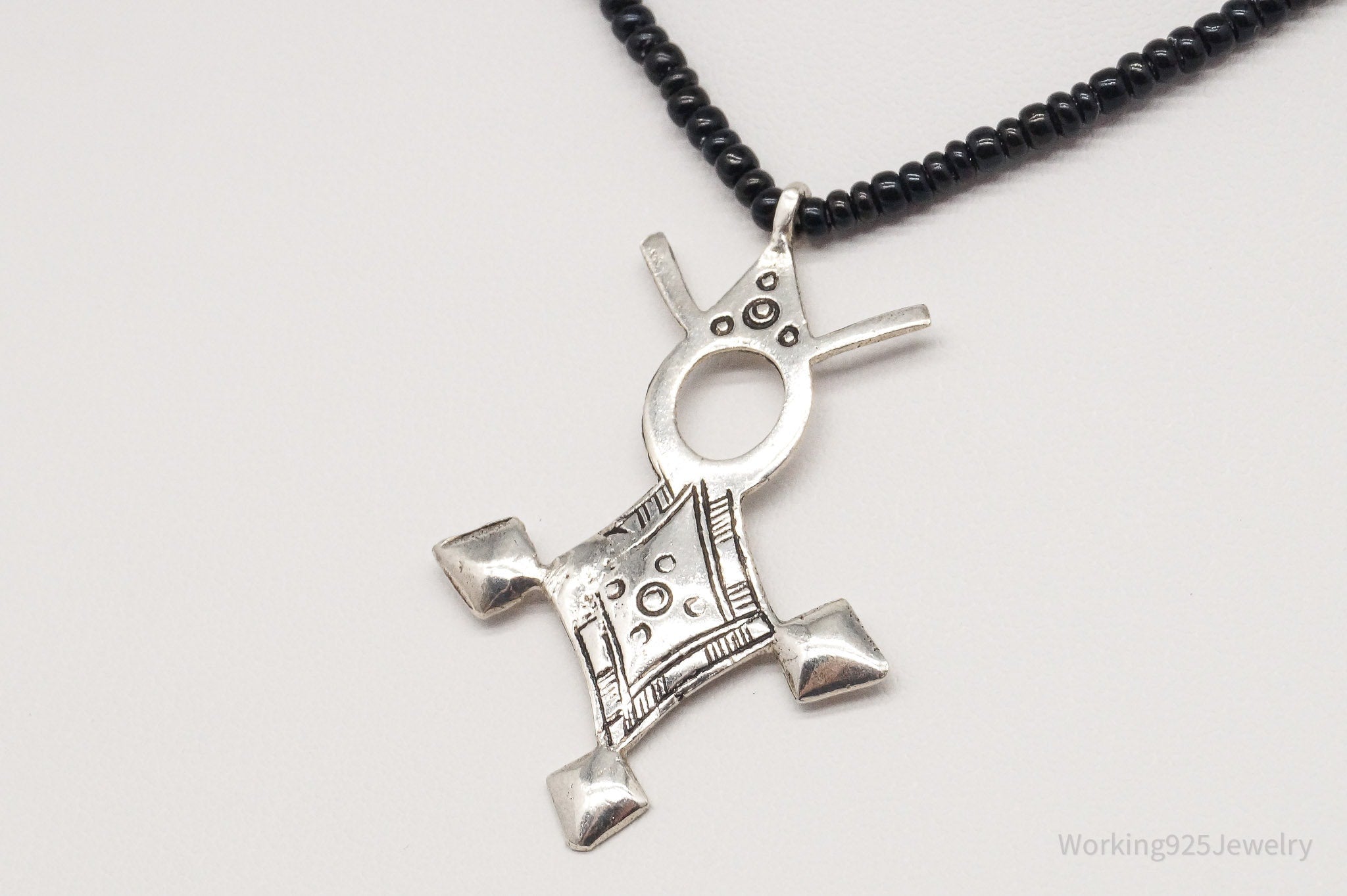 Vintage Large Silver Southern Cross Black Bead Necklace 18"