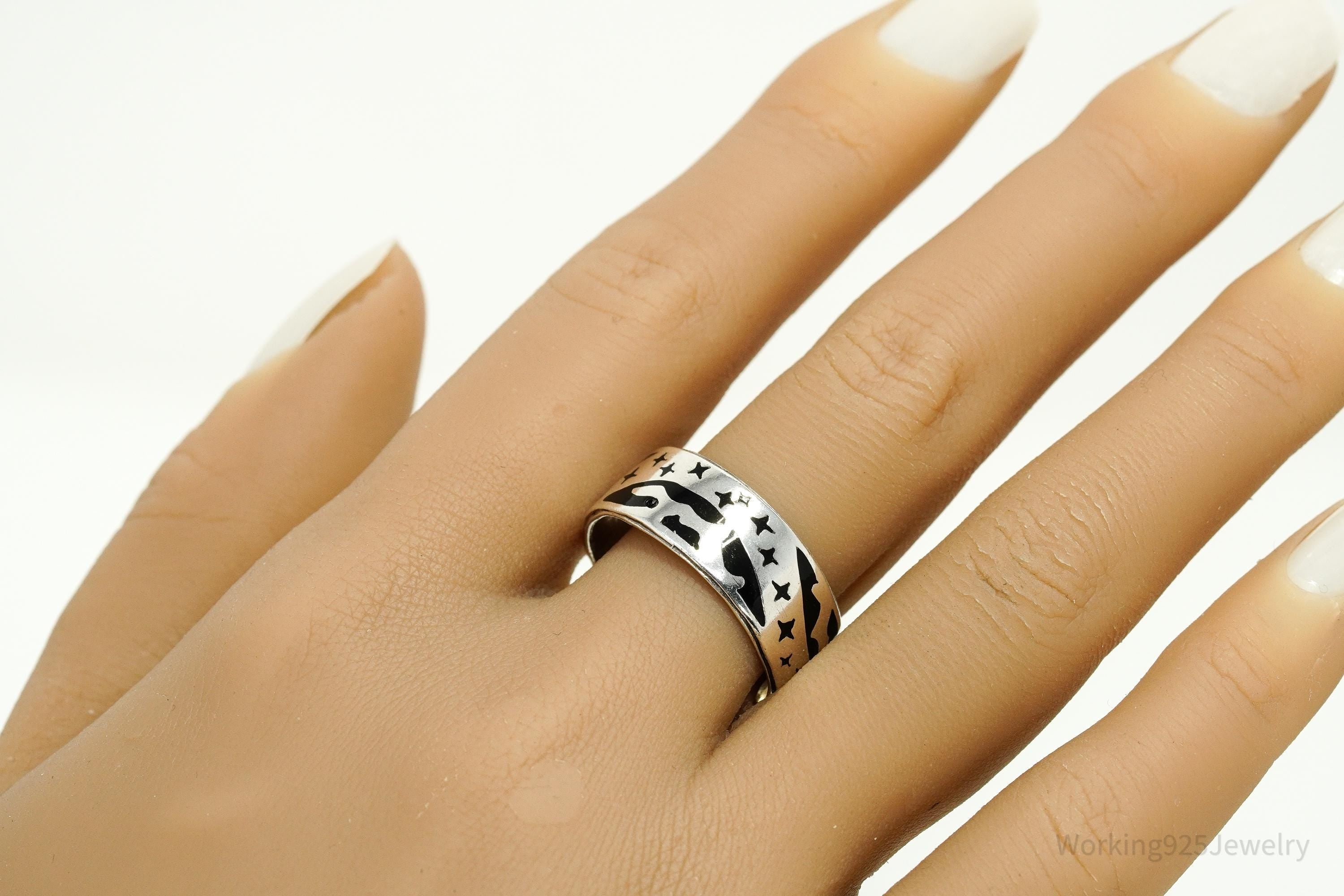 Vintage Earth & Stars Enamel Sterling Silver Band Ring - Size 10.5