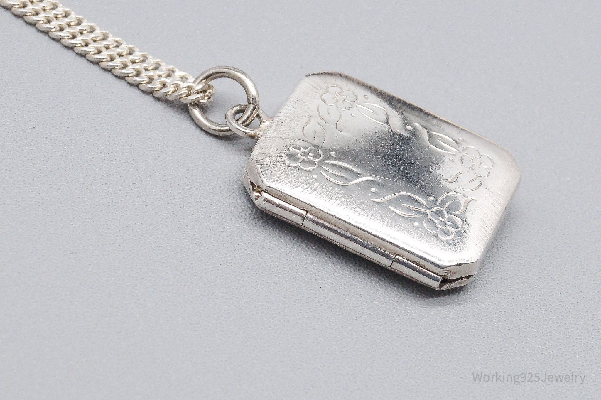 Antique Floral Etched Locket Sterling Silver Necklace 24"