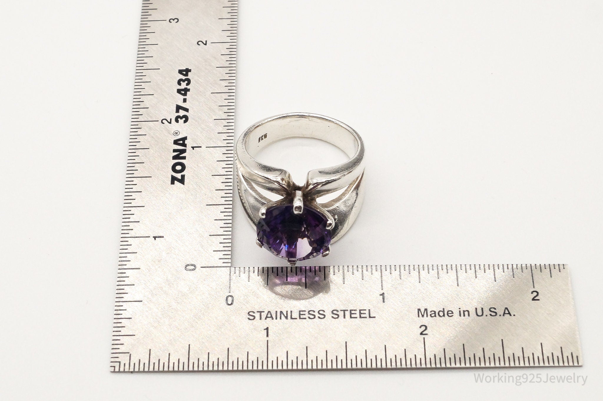 Vintage Large Purple Cubic Zirconia Sterling Silver Ring - Size 9