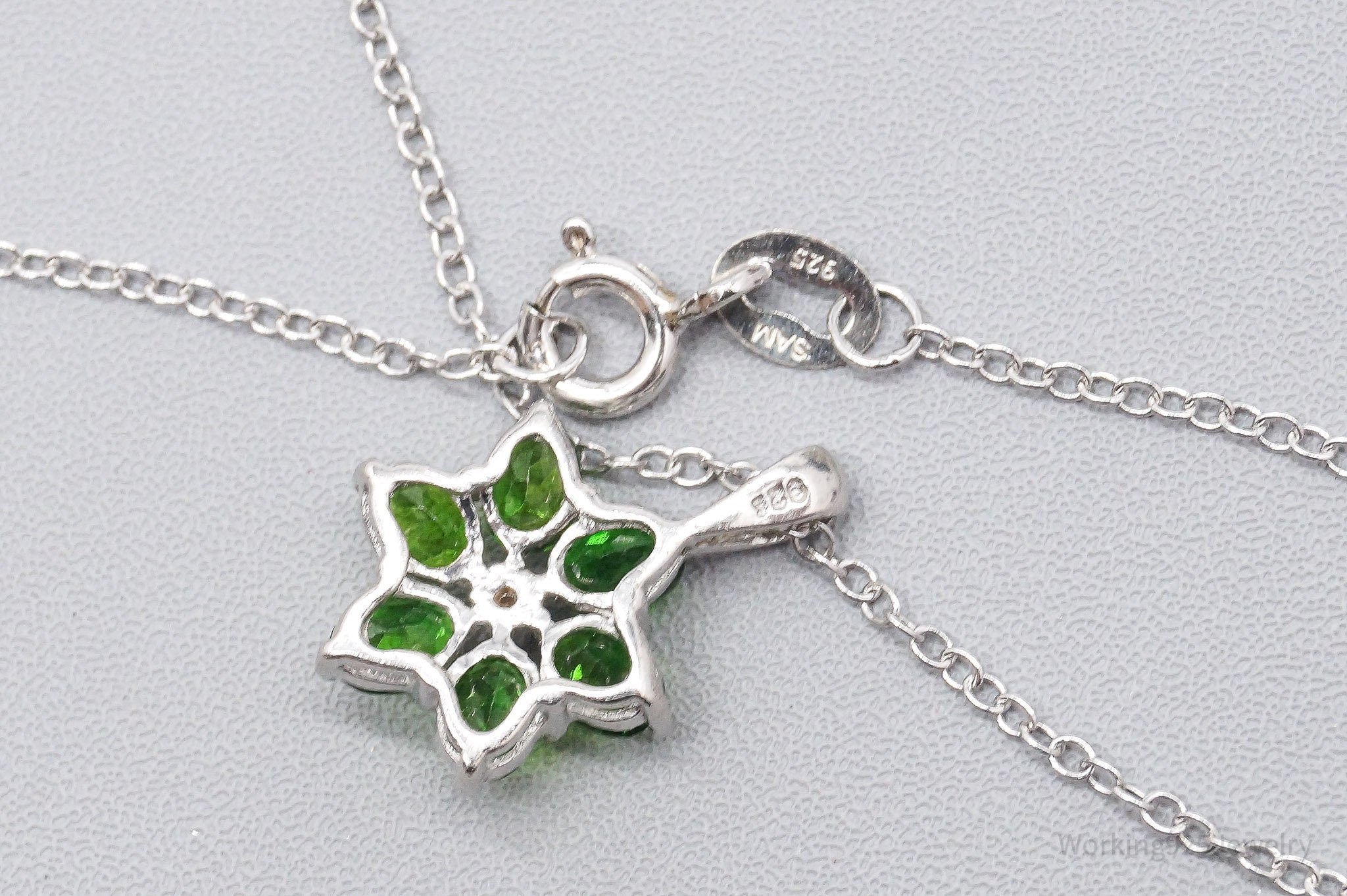 Vintage Green Chrome Diopside Diamond Sterling Silver Flower Necklace 18"