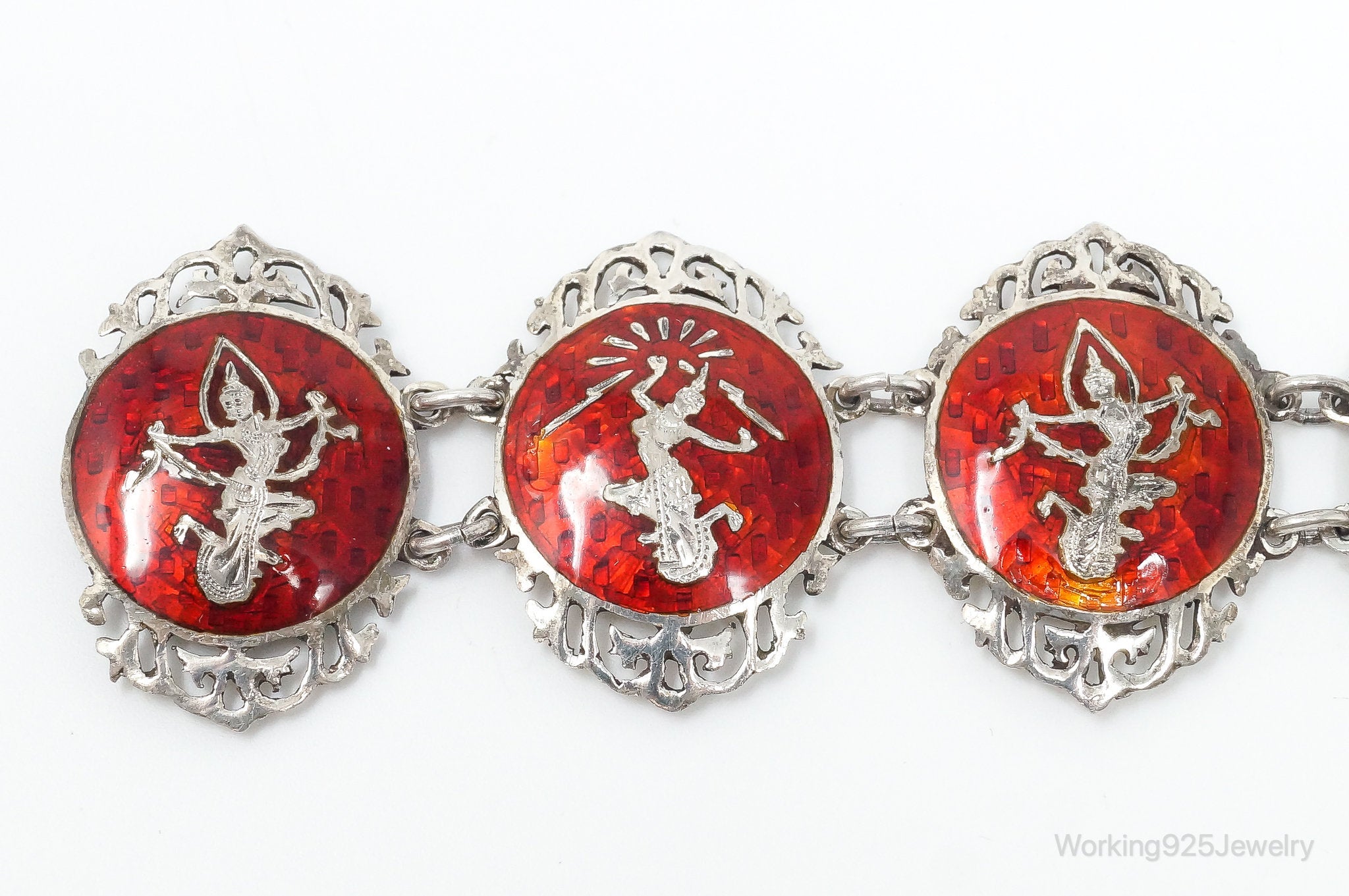 Vintage SIAM Red Enamel Lightening Dancer Sterling Silver Bracelet