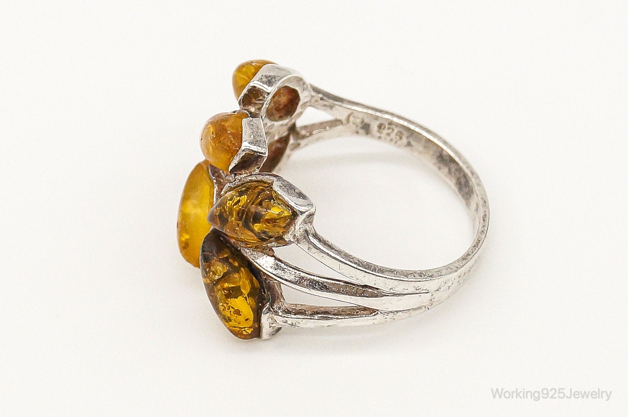 Vintage Modernist Amber Sterling Silver Ring - Size 6