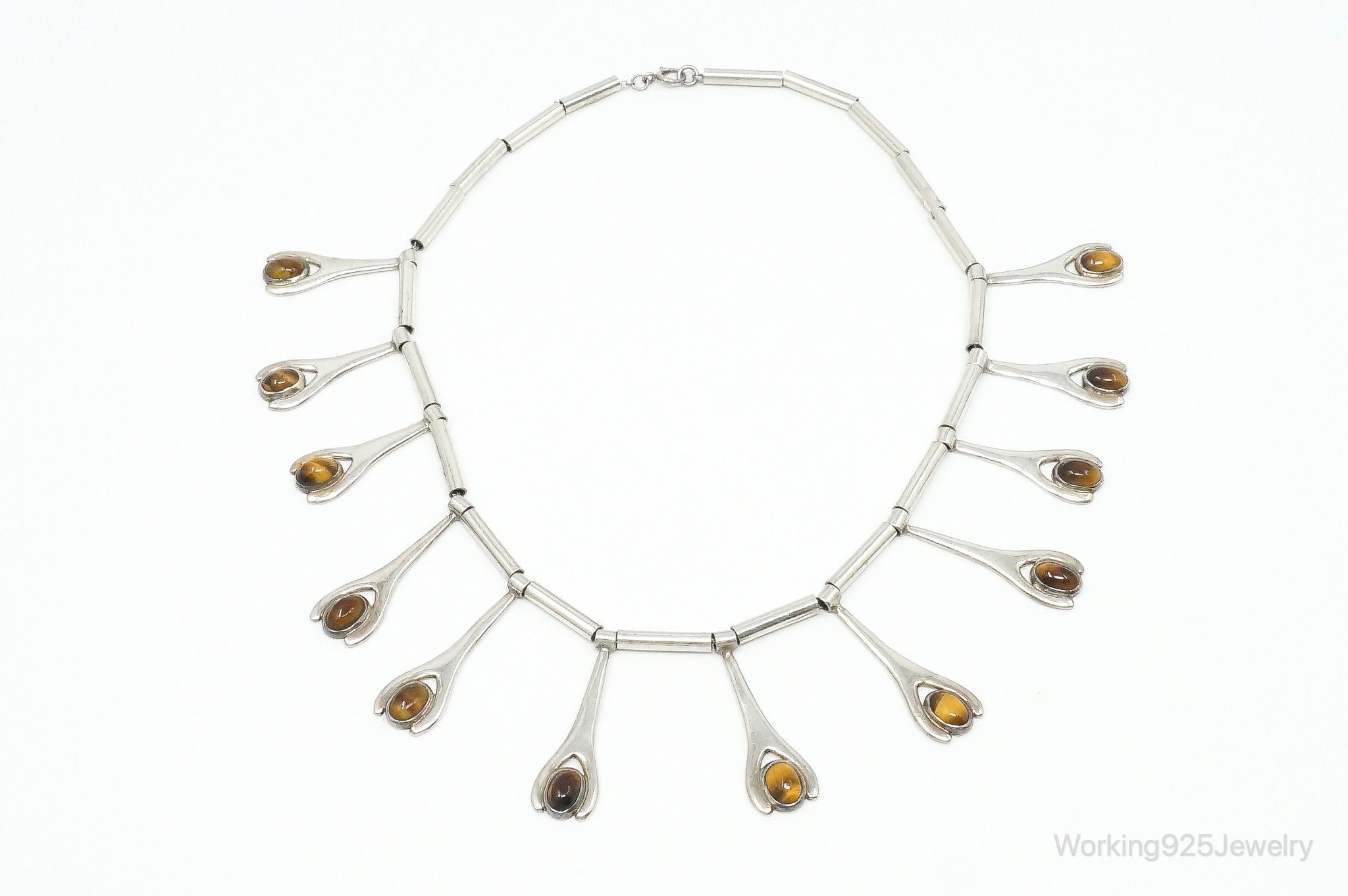 Vintage Taxco Mexico Designer VSA Tigers Eye Modernist Sterling Silver Necklace