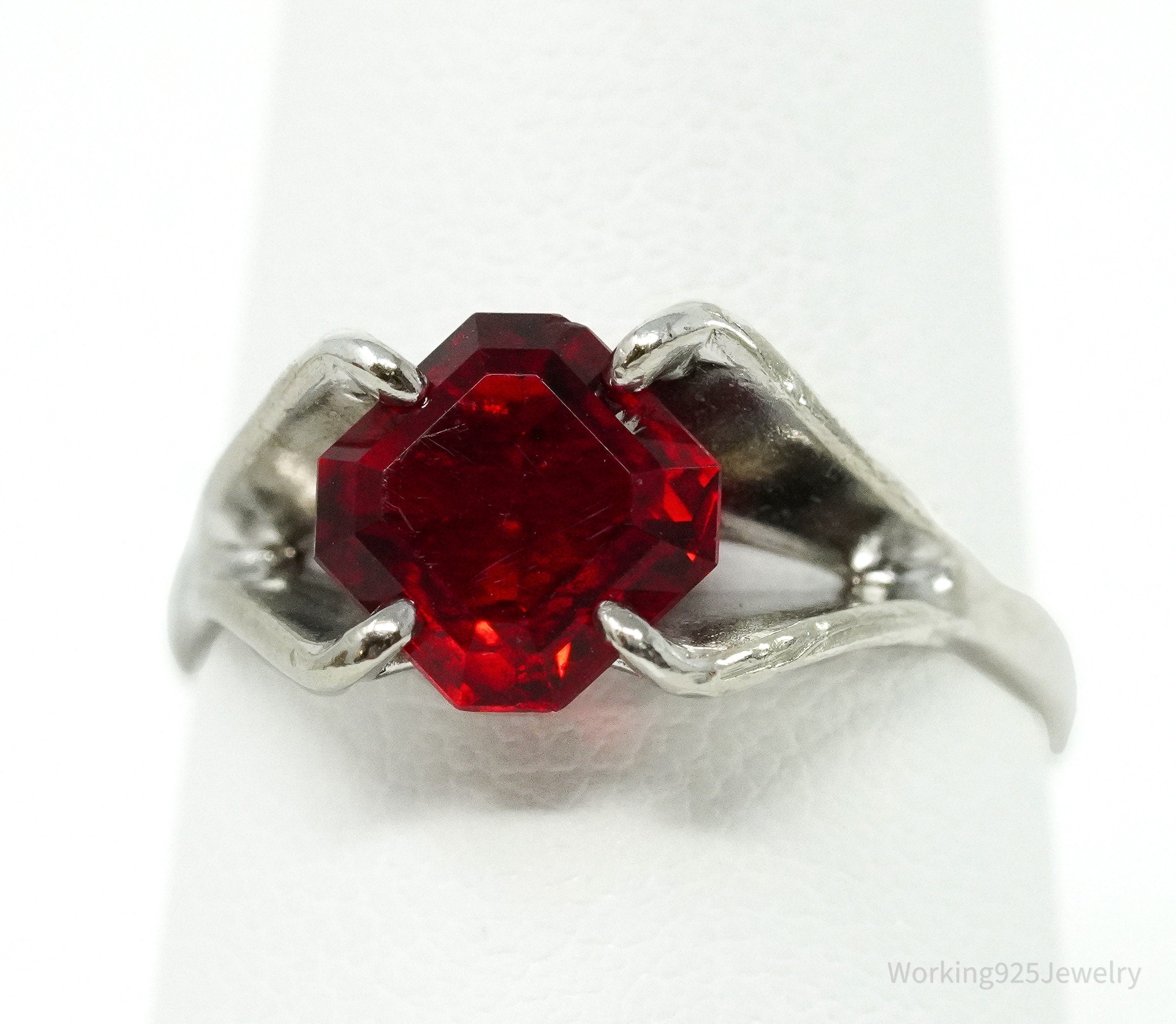 Vintage Antique Espo Red Art Glass Sterling Silver Ring Size 6