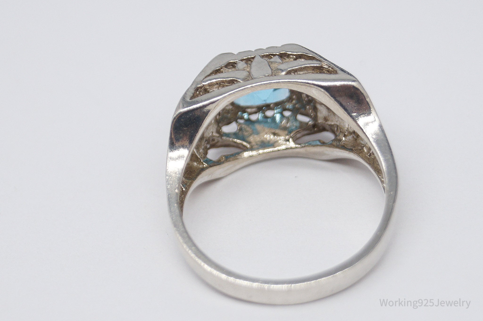 Vintage Blue Topaz Ankh Cross & Lotus Sterling Silver Ring - Size 7.75