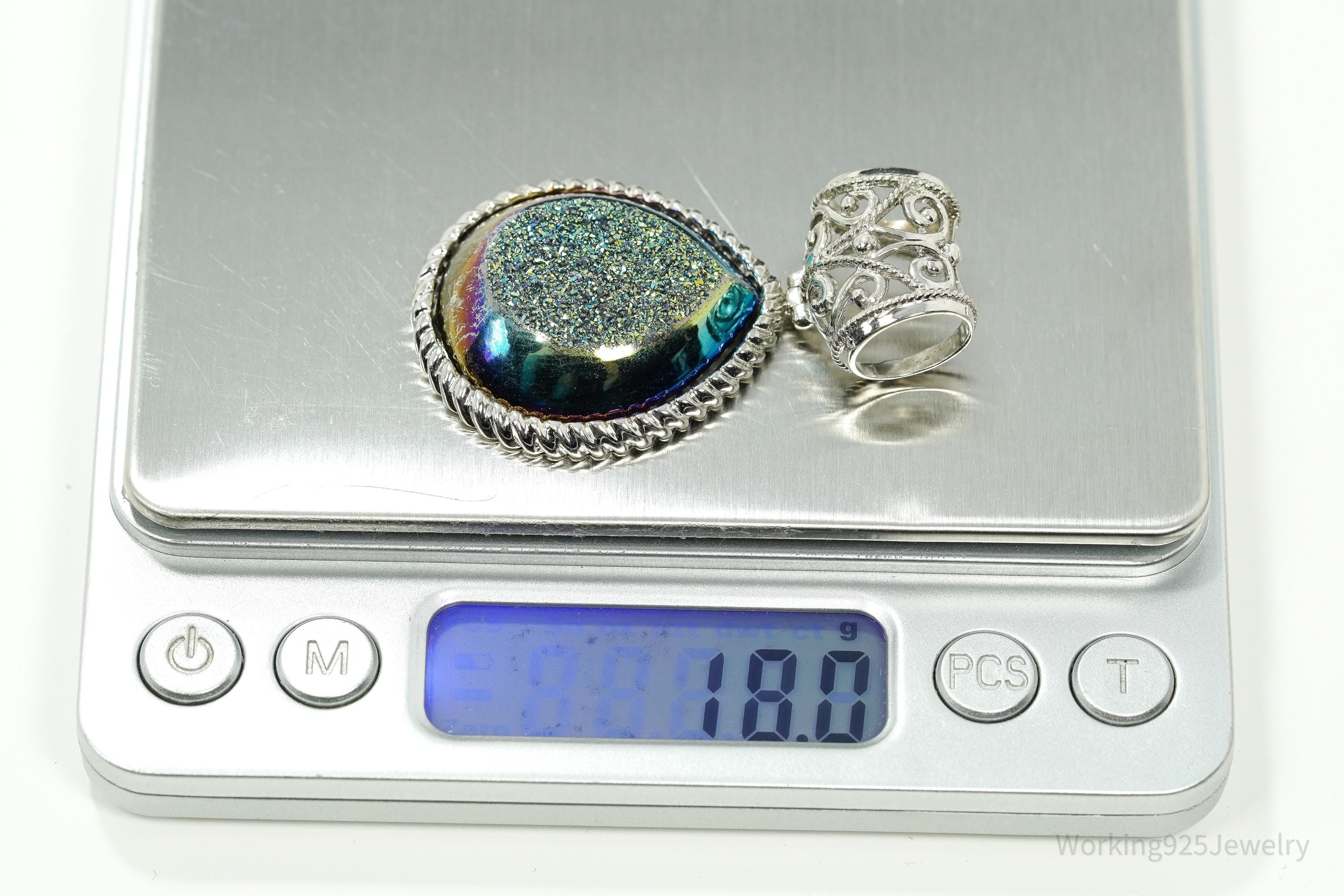 Vintage Large Druzy Quartz Sterling Silver Necklace Pendant