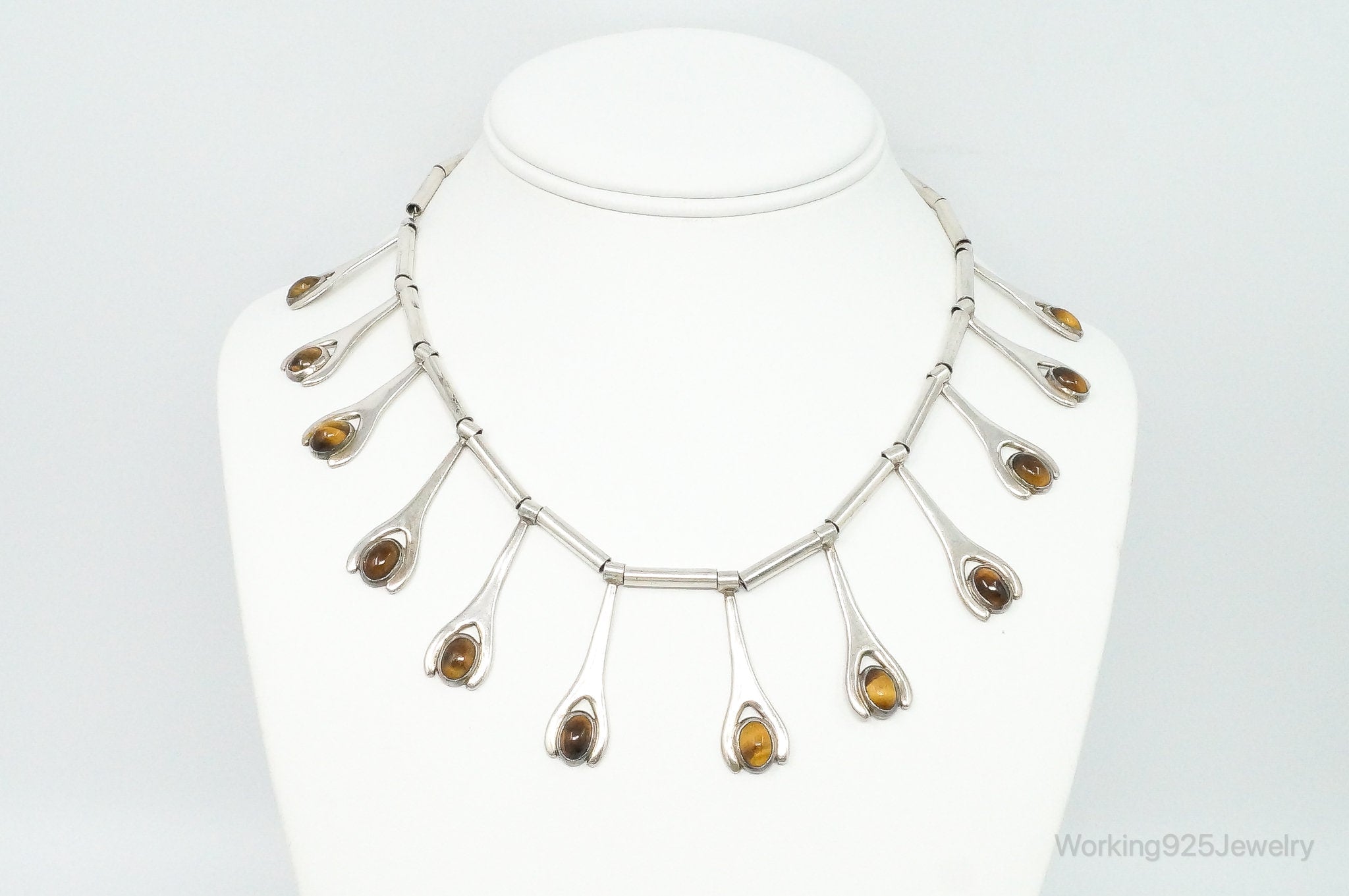 Vintage Taxco Mexico Designer VSA Tigers Eye Modernist Sterling Silver Necklace