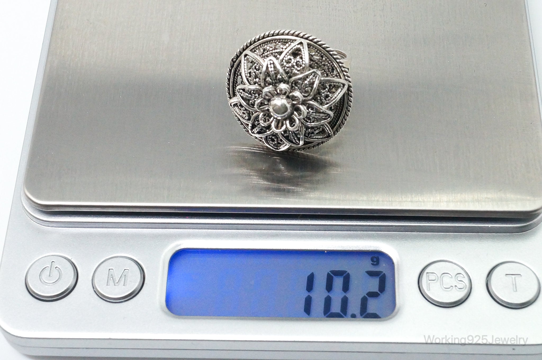 Vintage Turkey Designer DGS Flower Filigree Sterling Silver Ring - Size 6