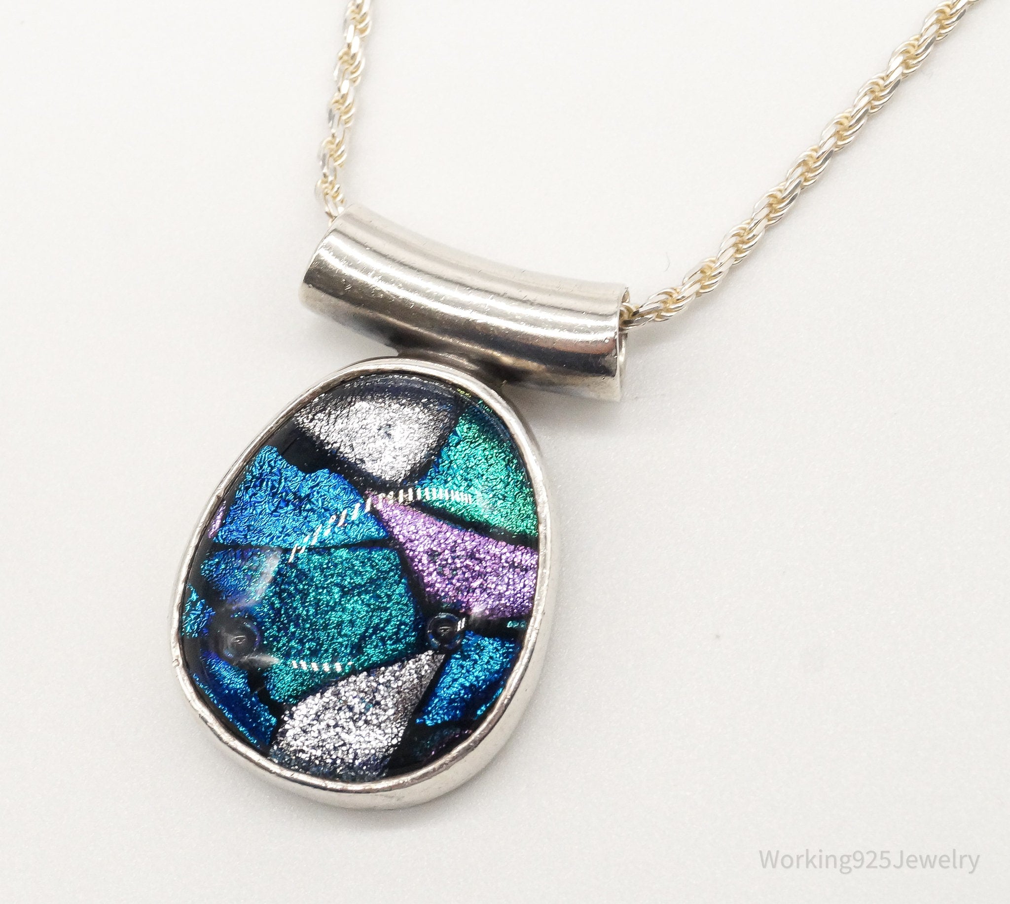 Vintage Large Dichroic Glass Sterling Silver Necklace