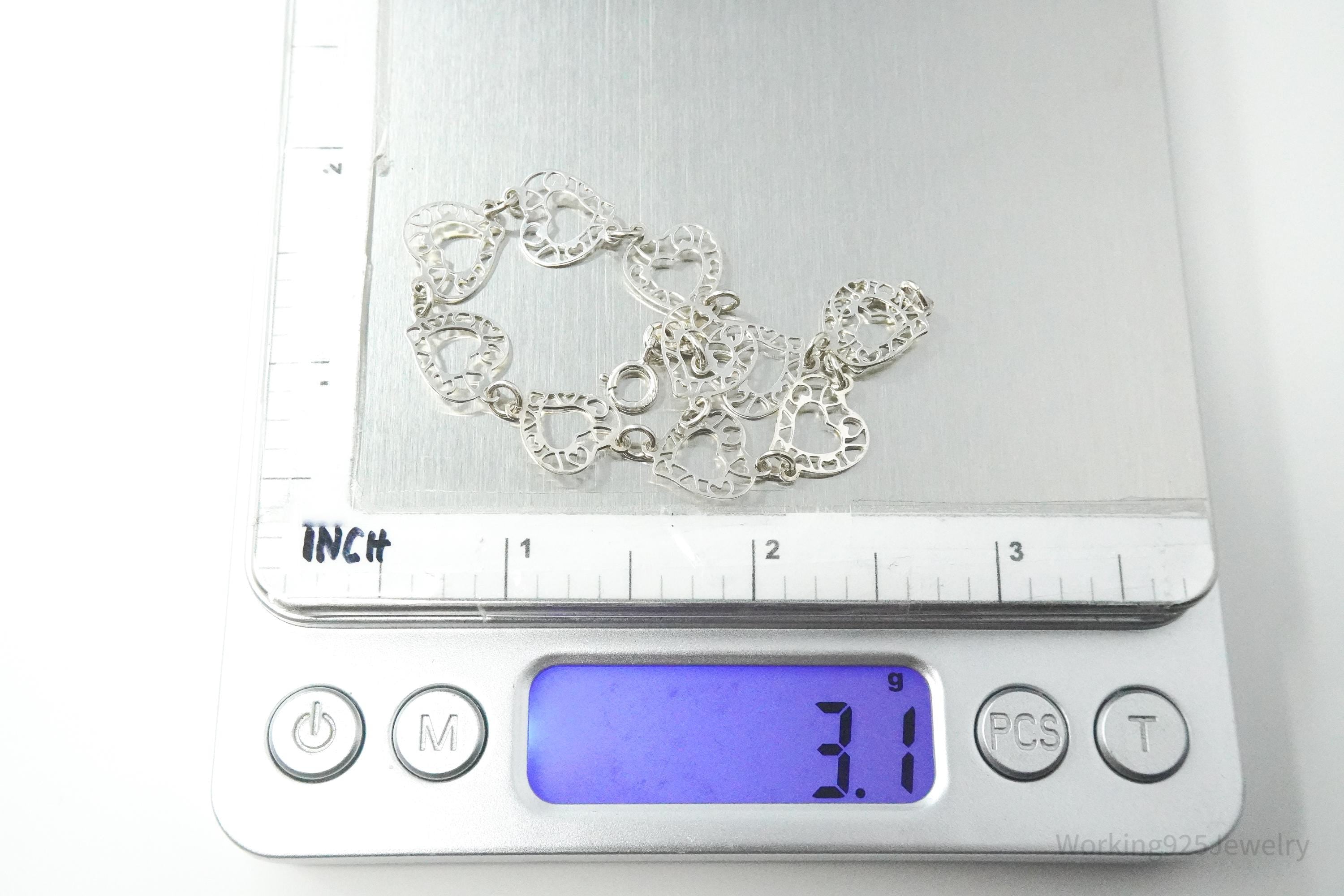 Vintage Linked Hearts Sterling Silver Bracelet 7.25"