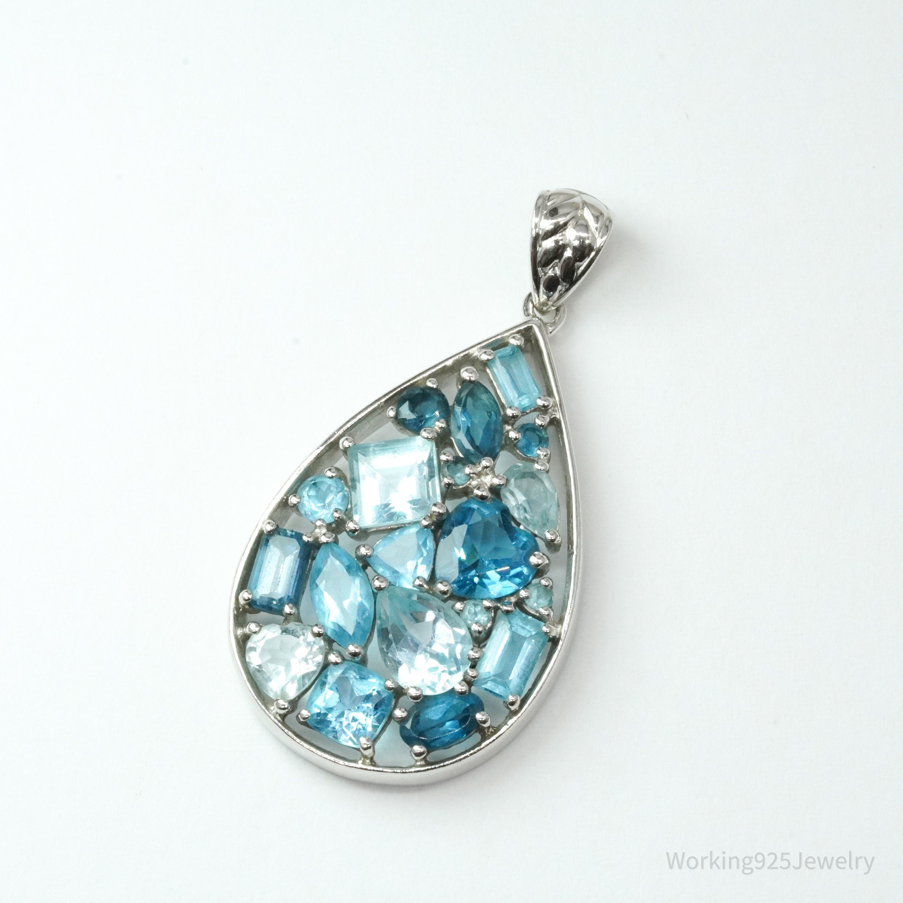 Vintage Blue Topaz Cluster Sterling Silver Necklace Pendant