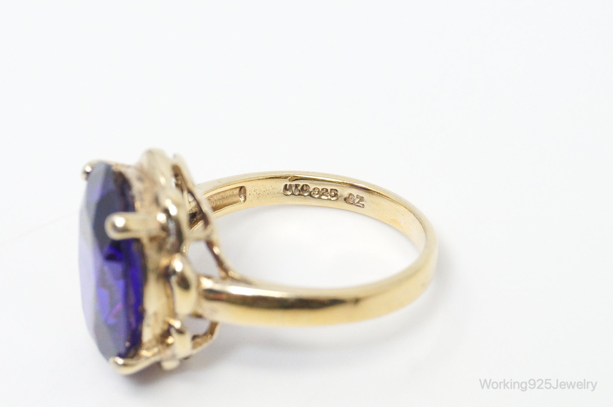 Vintage Large Purple Cubic Zirconia Gold Vermeil Sterling Silver Ring Size 7.75