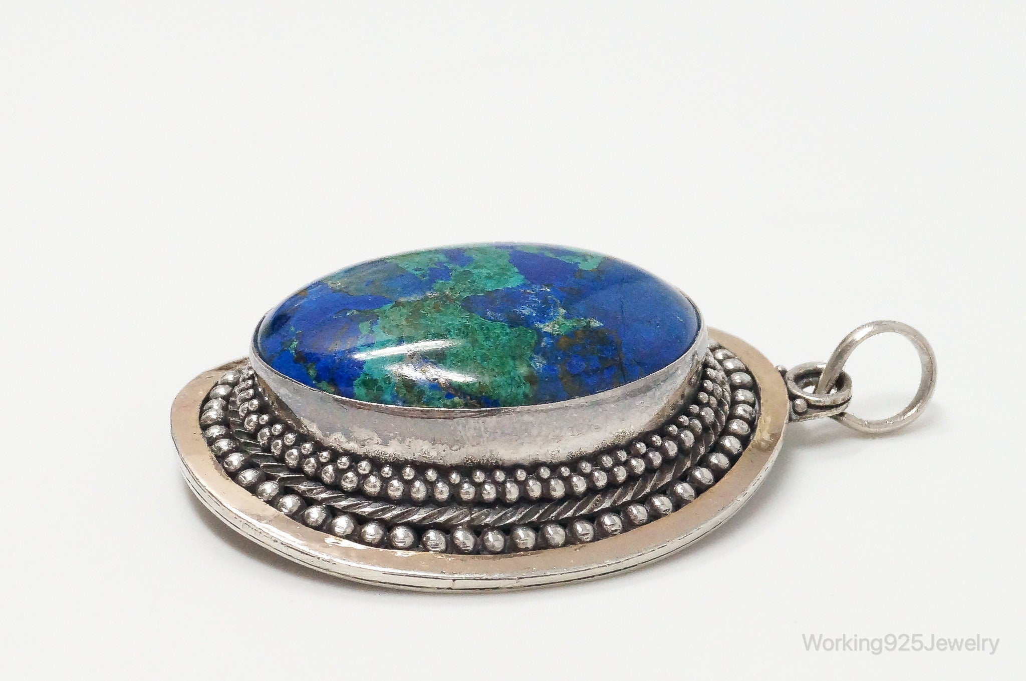 Vintage Large Azurite Brass Sterling Silver Pendant