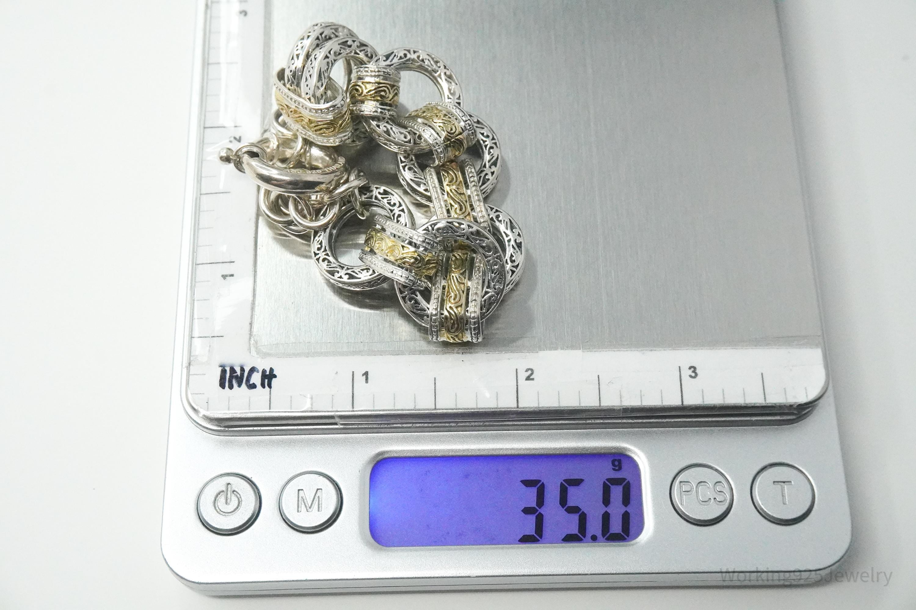 Vintage ASJ Filigree Scroll Design Large Link Gold Vermeil Sterling Silver Chain Bracelet 7 7/8"