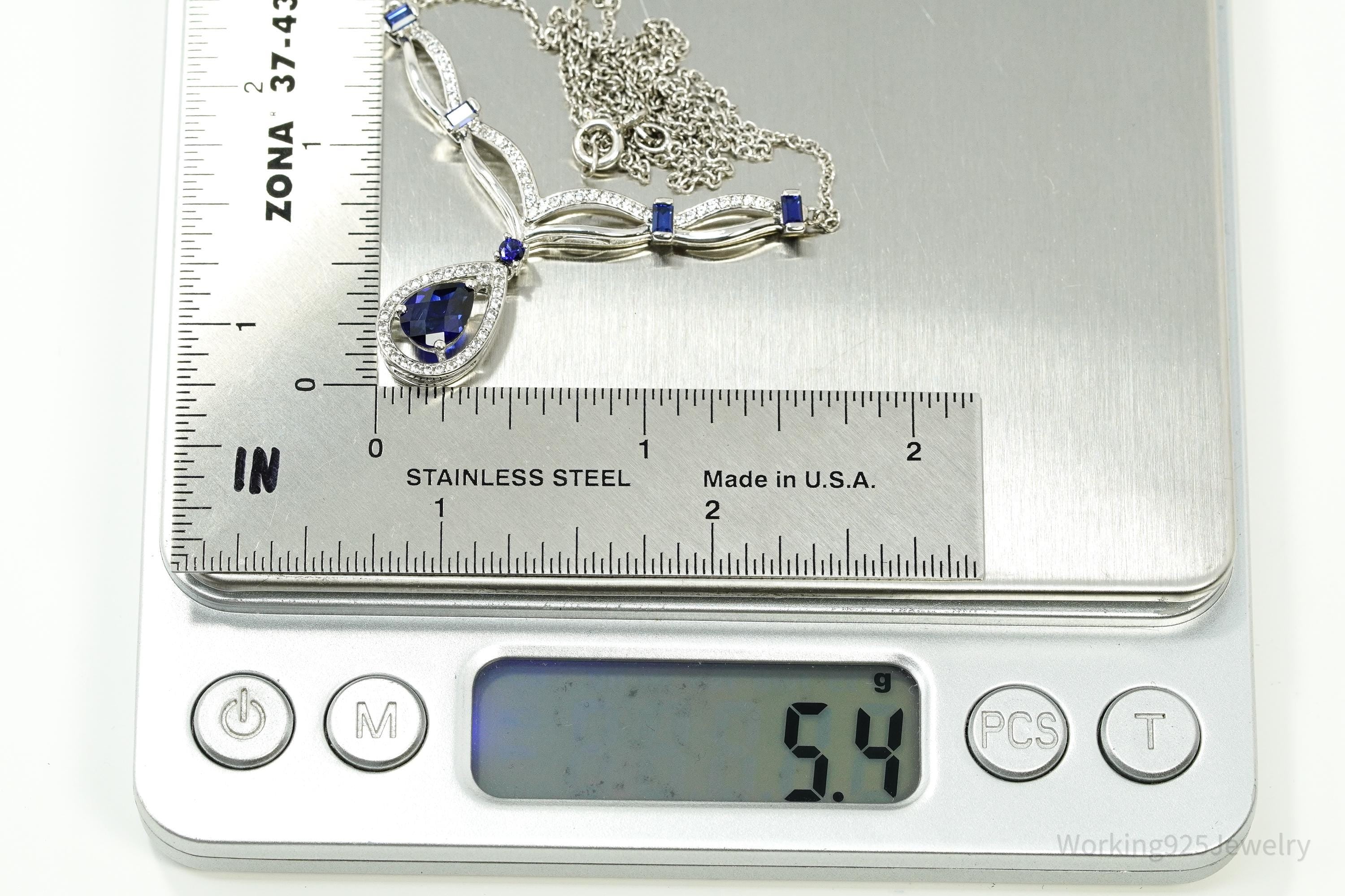 Vintage Blue & White Sapphire Sterling Silver Necklace 15"