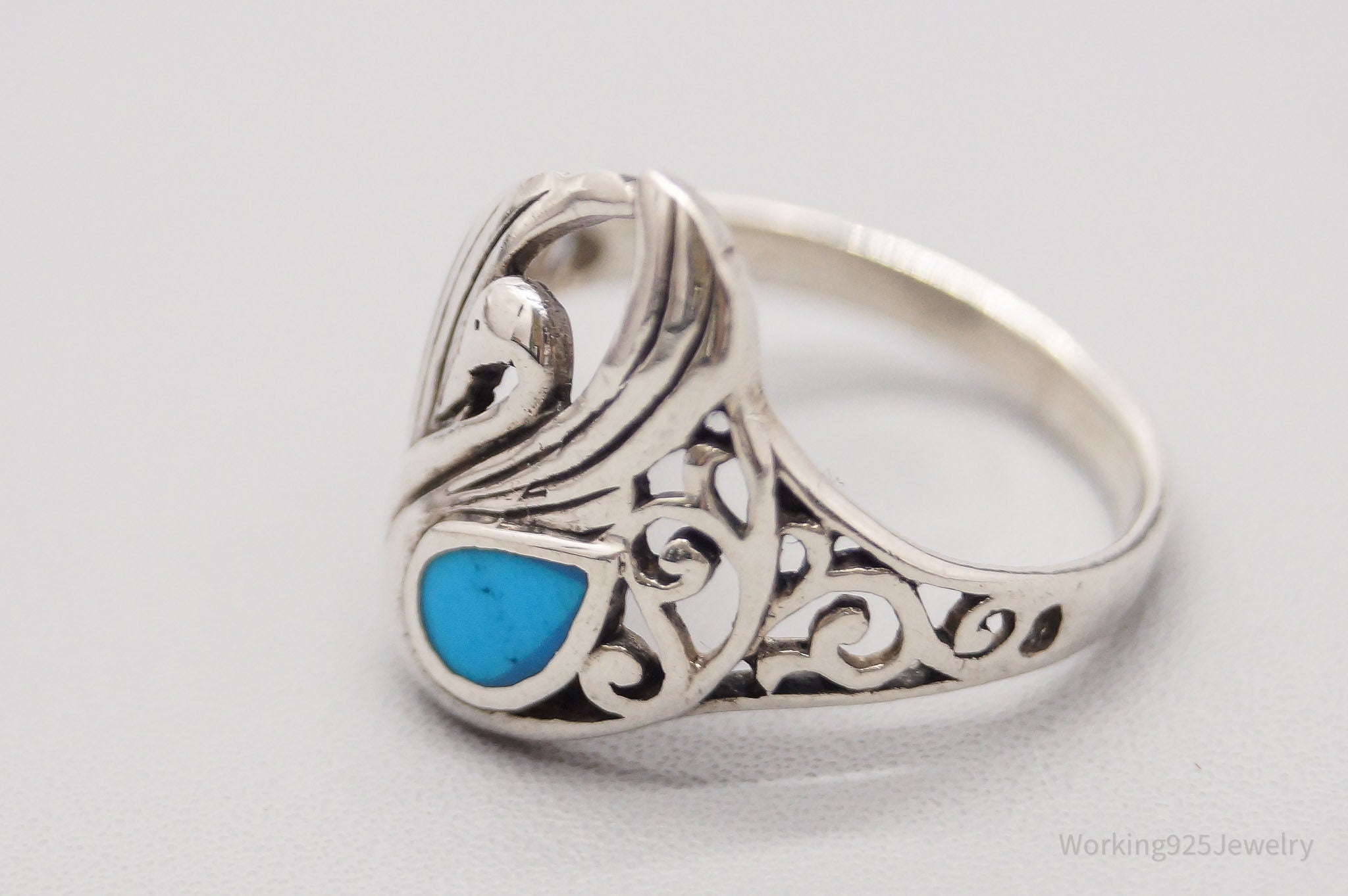 Vintage Boma Turquoise Inlay Swan Sterling Silver Ring - Size 6