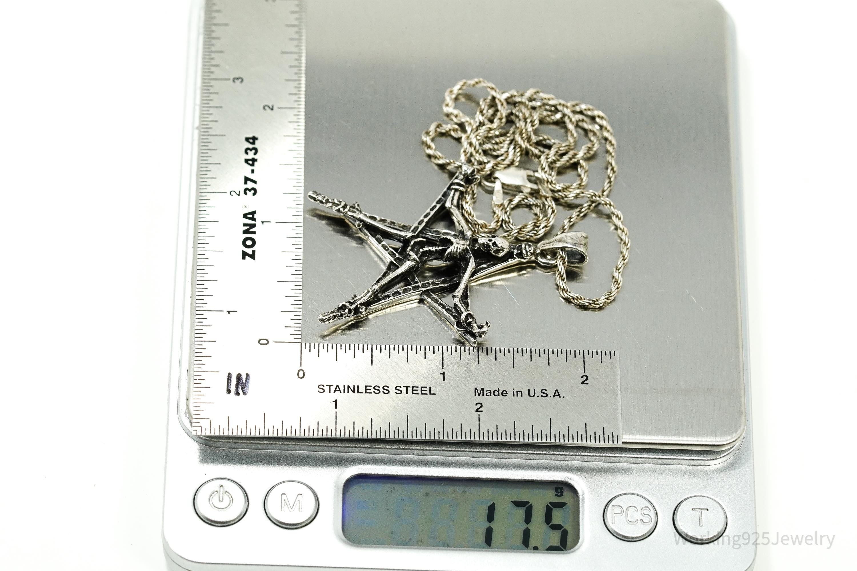 Vintage Skeleton Pentagram Sterling Silver Necklace 20"