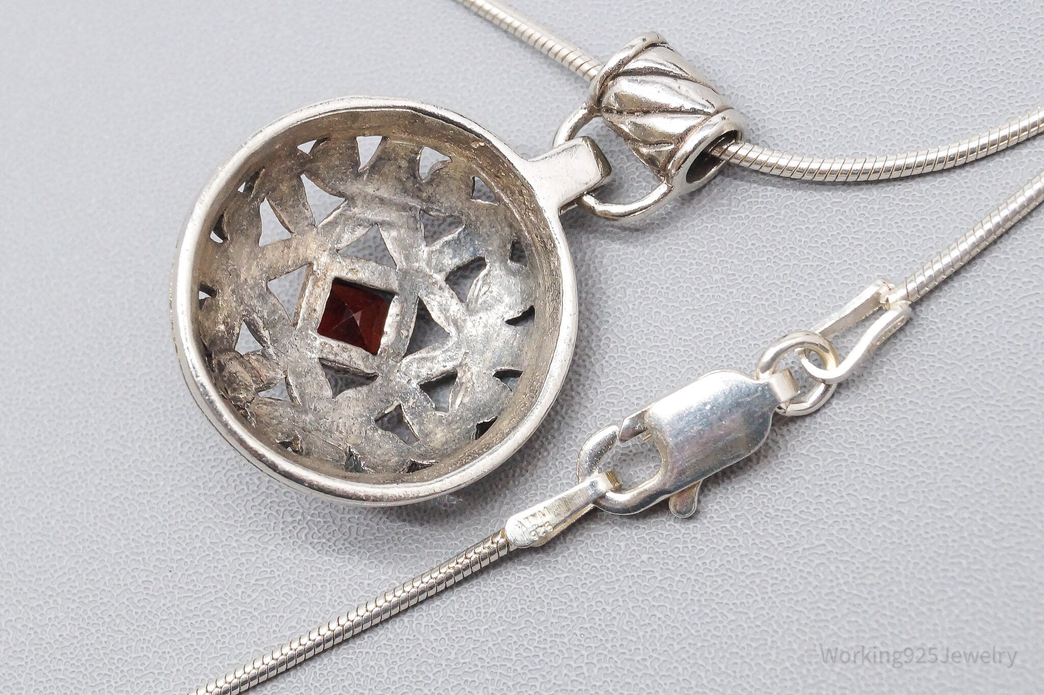 Vintage Garnet Art Deco Style Sterling Silver Necklace 16"