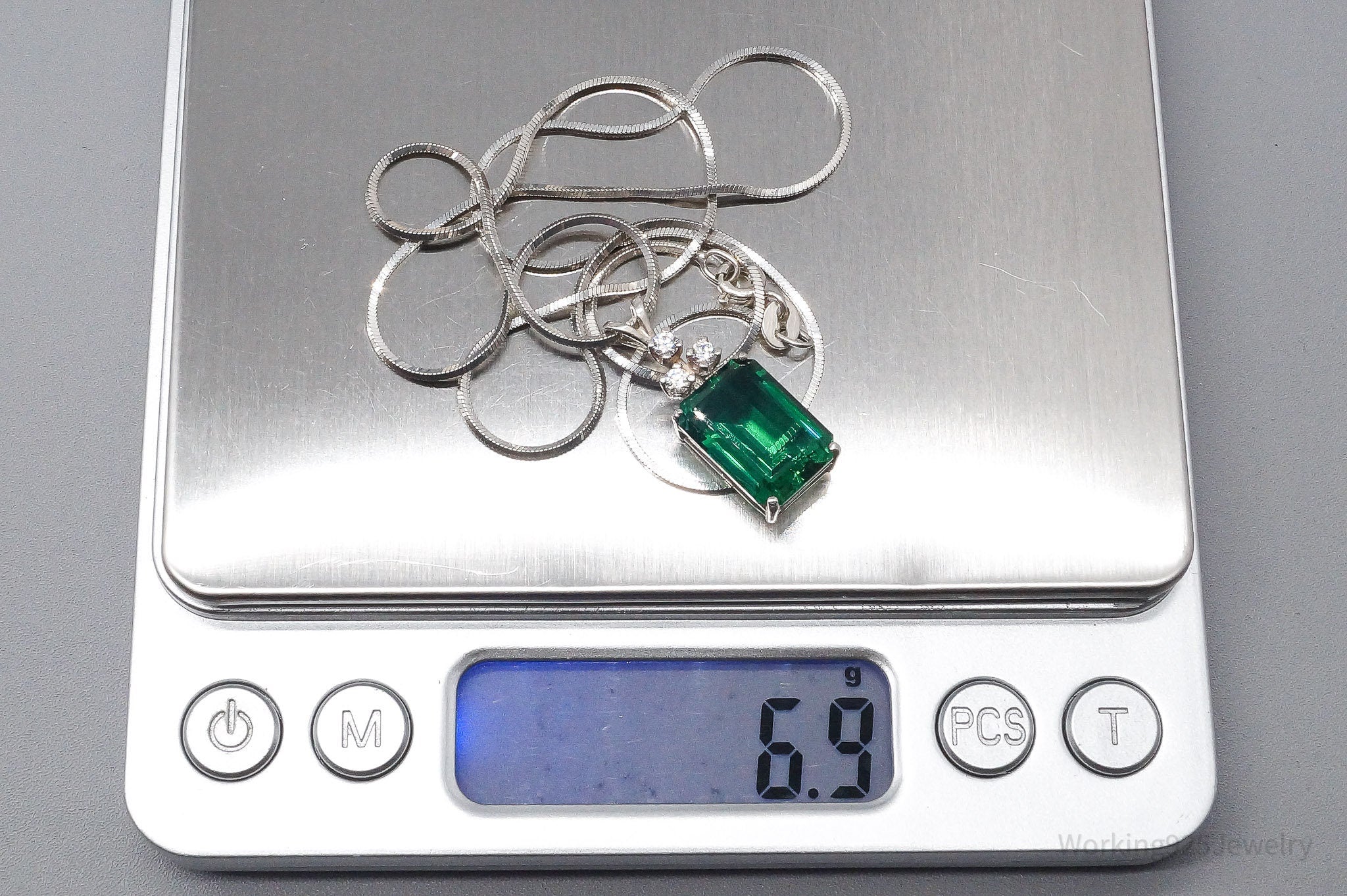 Vintage Lab Emerald Cubic Zirconia Sterling Silver Necklace 20"