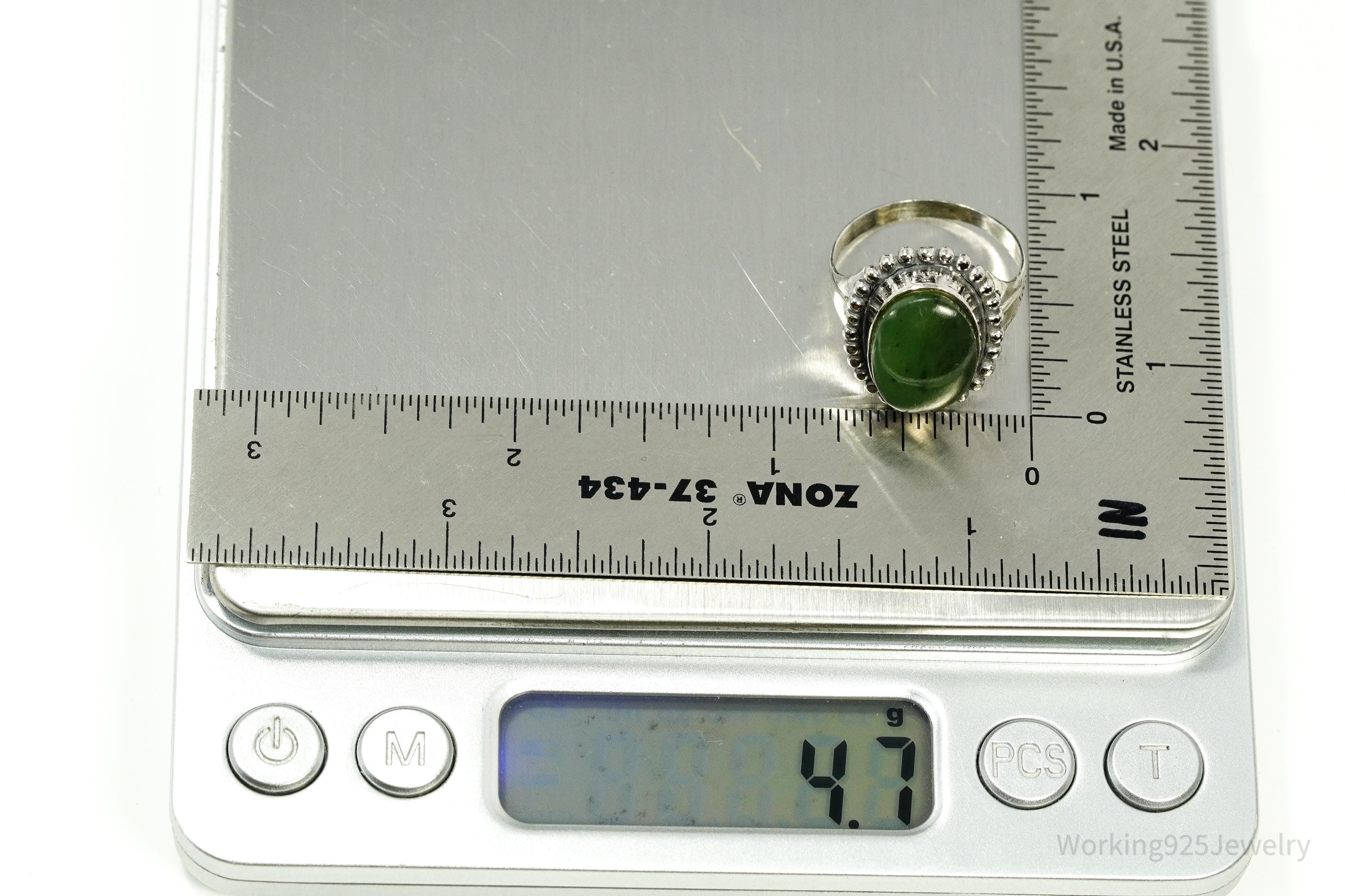 Antique Nephrite Jade Sterling Silver Ring - Size 8.25