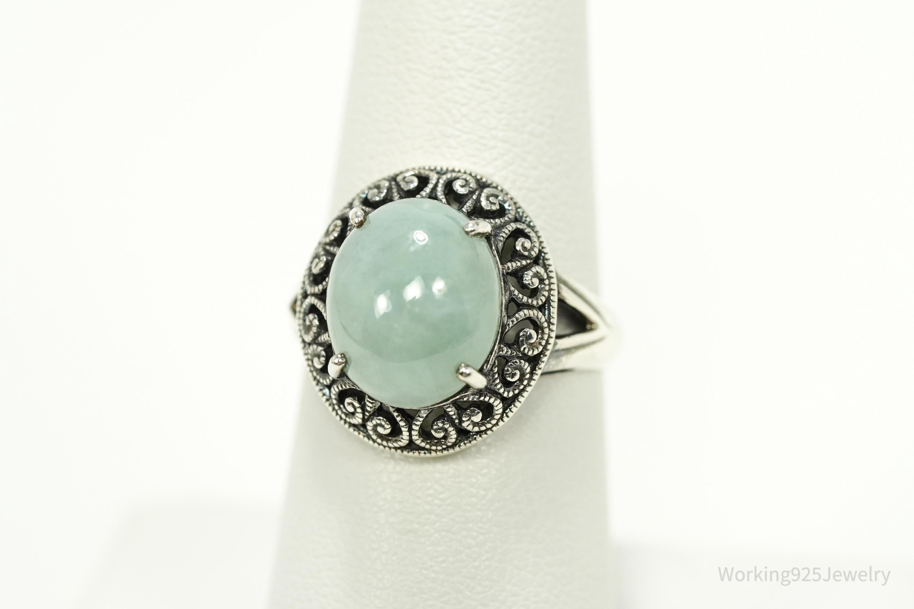 Vintage CNA Green Jade Sterling Silver Ring - Size 7