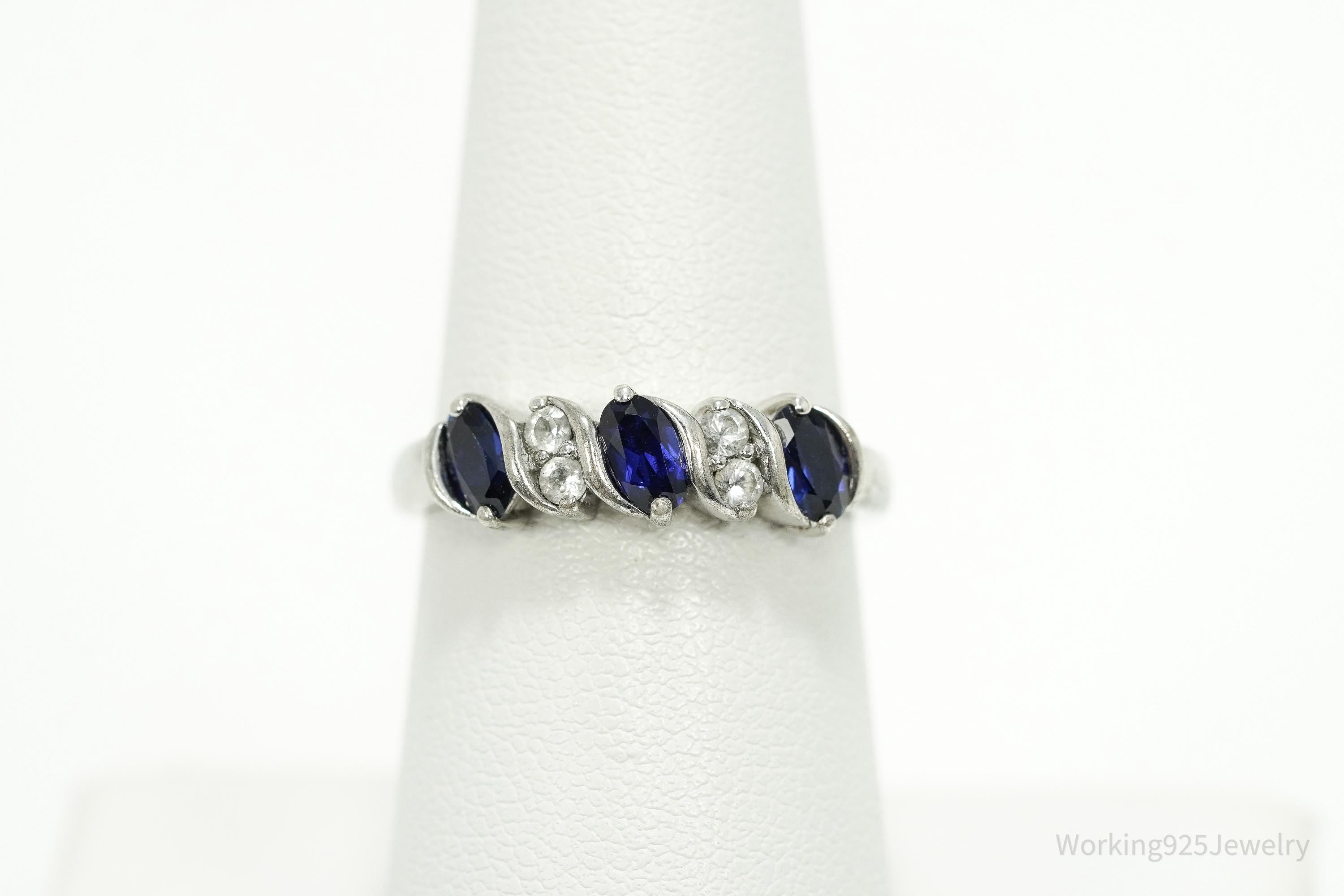 Vintage Lab Sapphire & White Topaz Sterling Silver Ring - Size 7