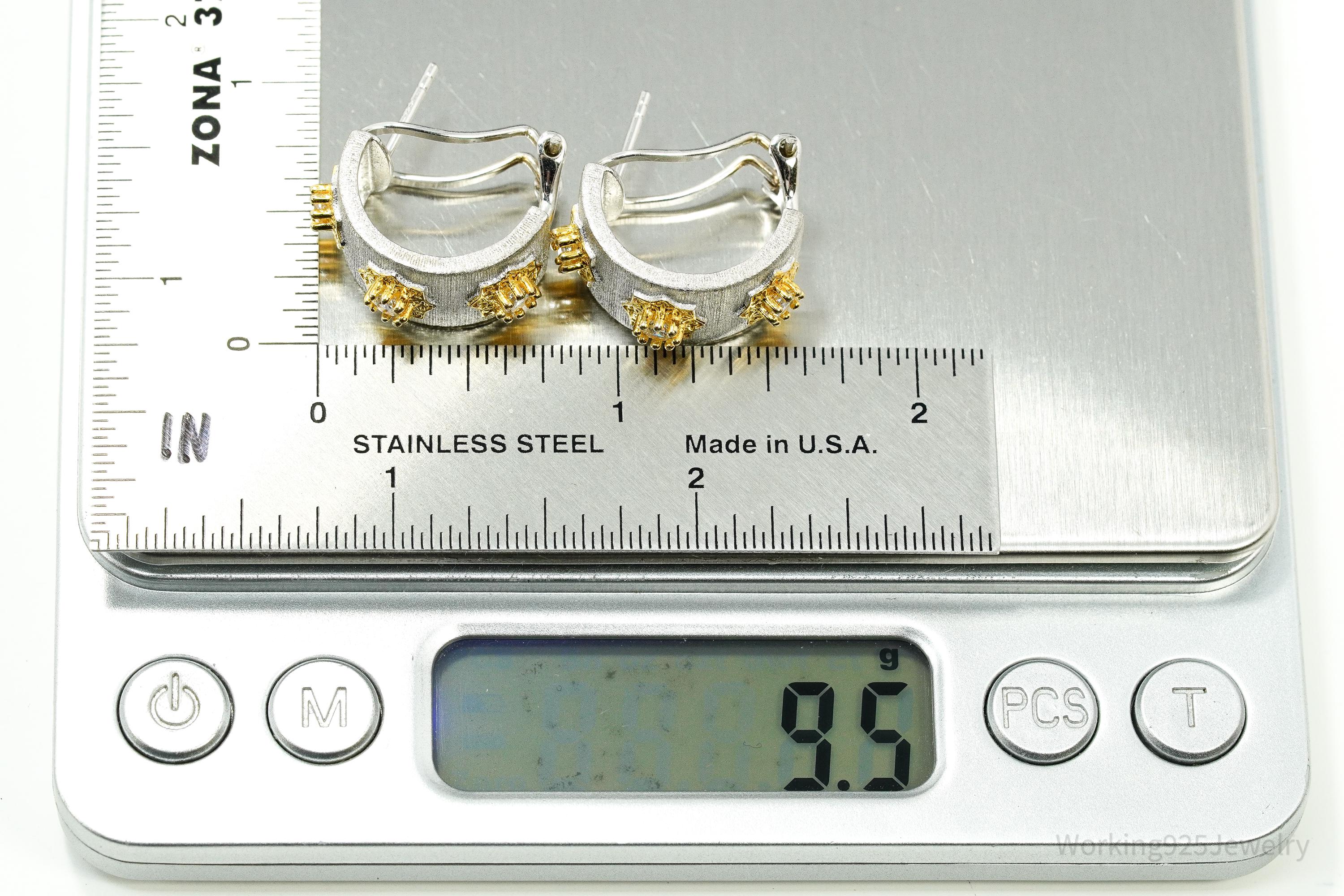 Vintage Cubic Zirconia Gold Vermeil Sterling Silver Hoop Earrings
