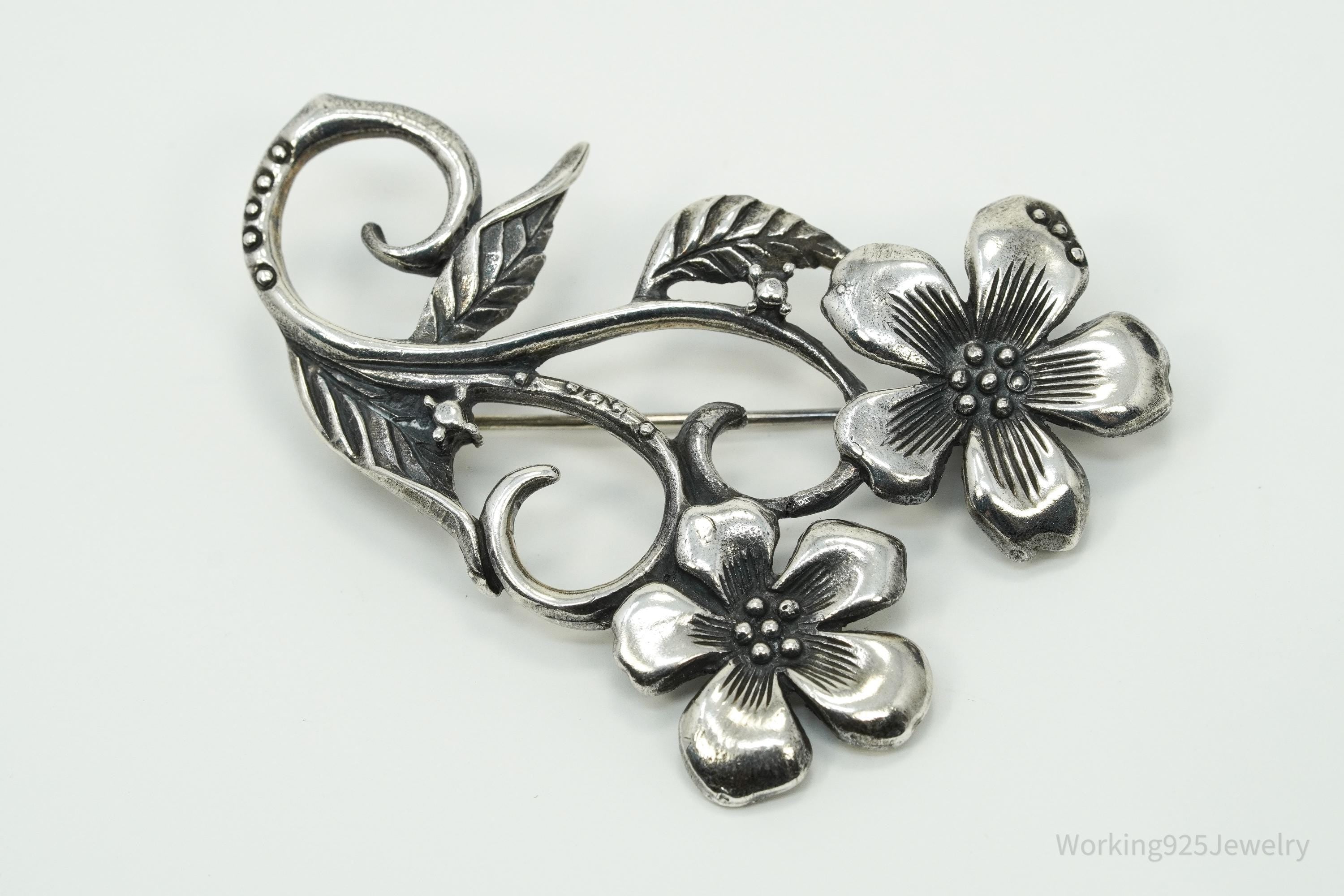 Vintage Floral Sterling Silver Brooch Pin