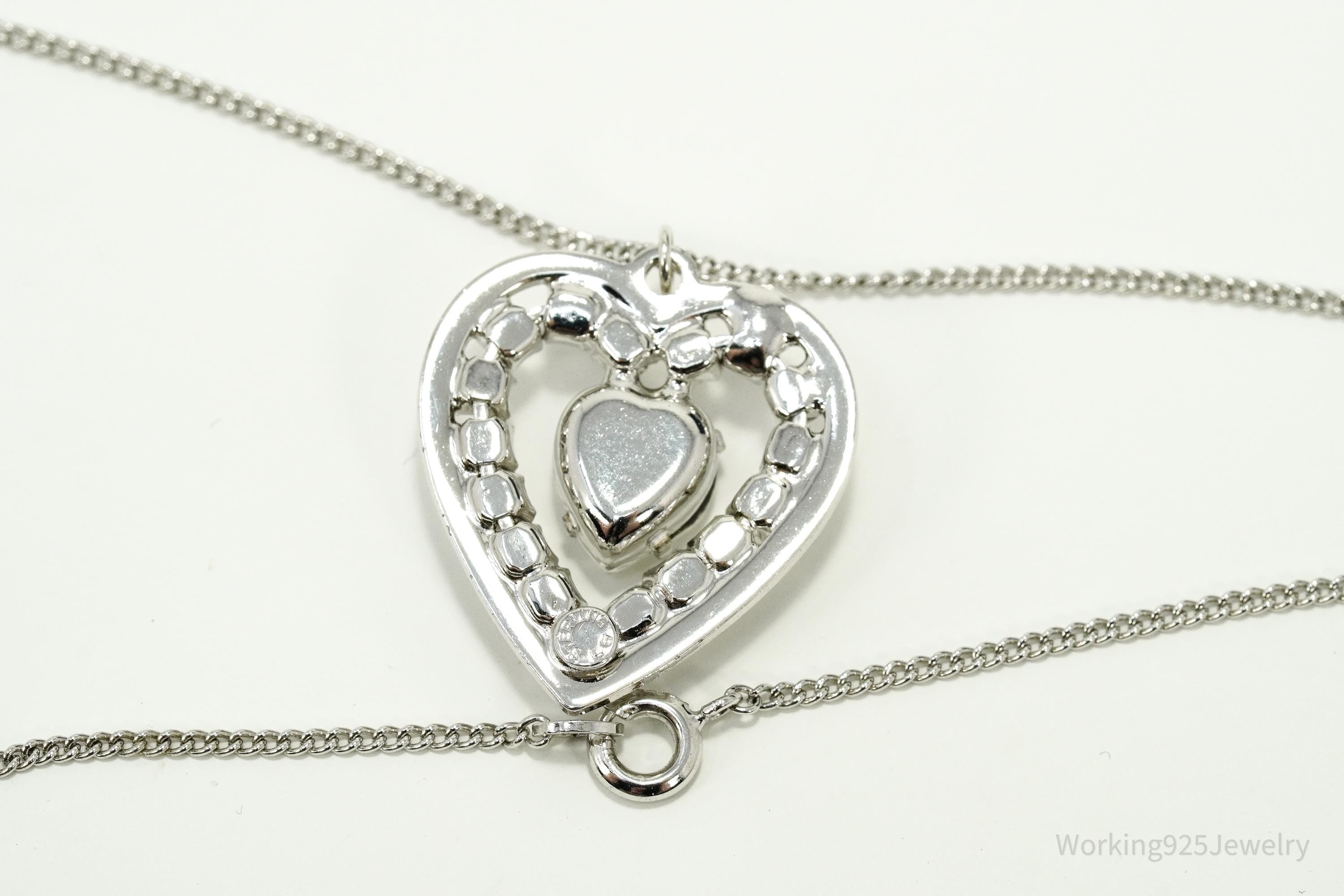 Vintage Faux Diamonds Sterling Silver Heart Chain Necklace 17"