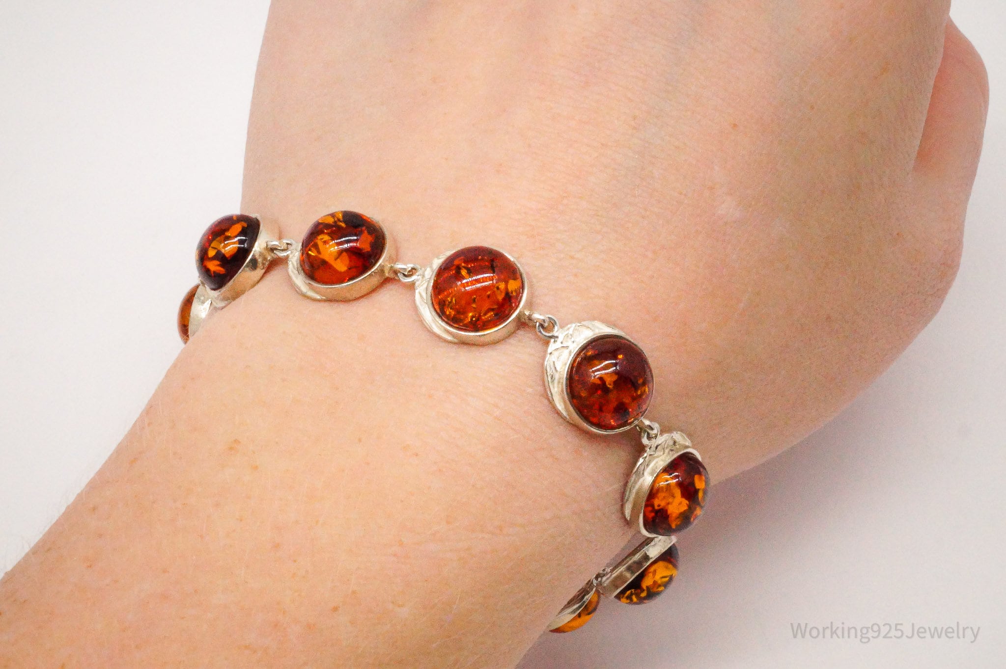 Vintage Amber Modernist Sterling Silver Bracelet - 7 3/8"