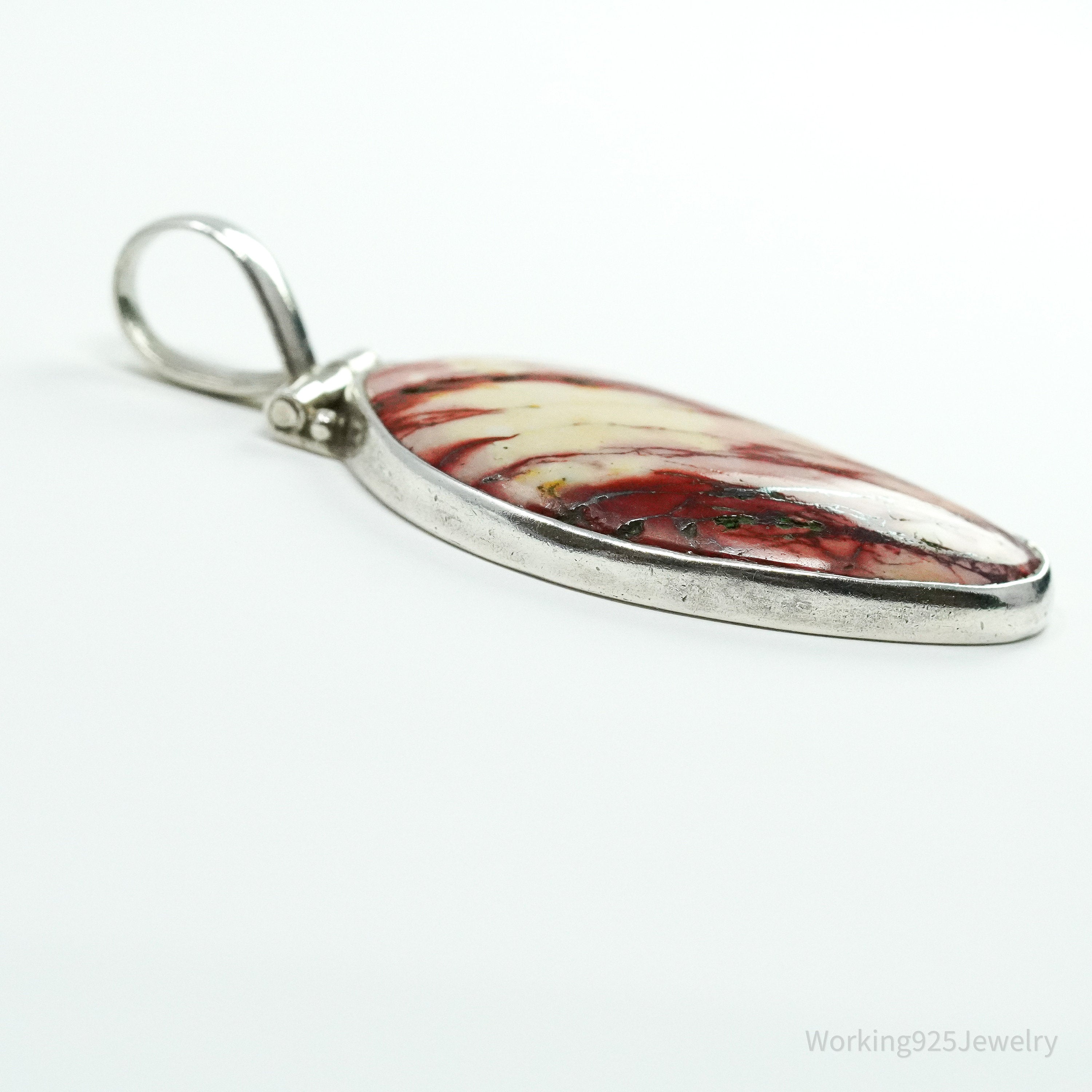 Vintage Large Red Snakeskin Jasper Sterling Silver Necklace Pendant