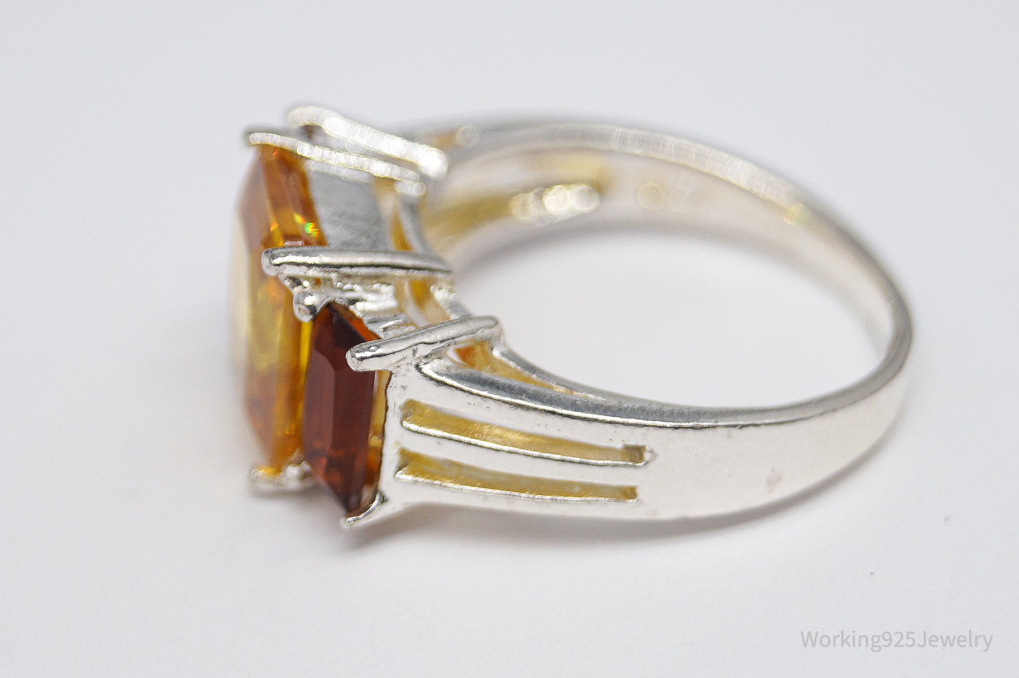 Vintage Large Yellow Tourmaline & Faux Amber Stone Sterling Silver Ring - Size 6.5