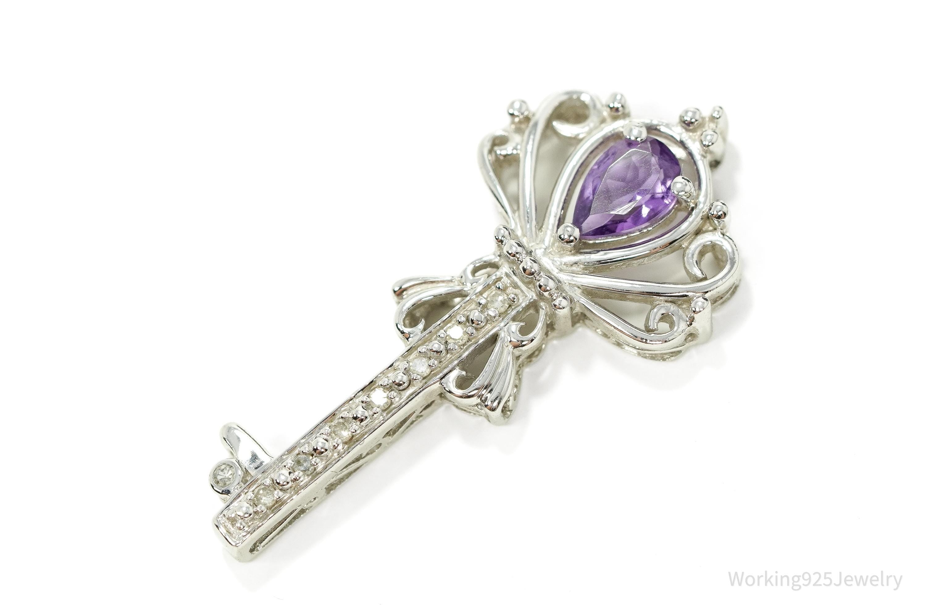 Vintage Large Designer Amethyst & Diamond Skelton Key Sterling Silver Necklace Pendant