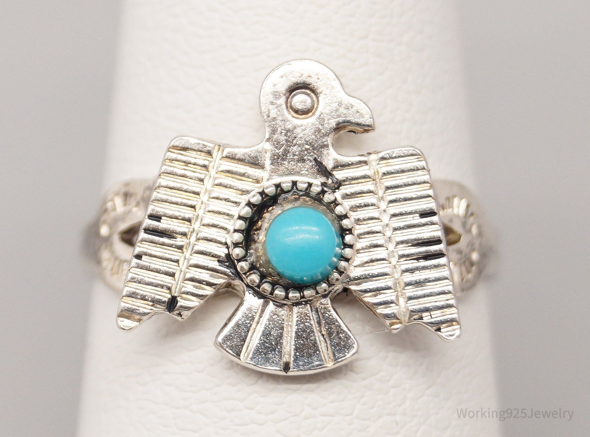 Vintage Native American Style Turquoise Thunderbird Sterling Silver Ring - Size 6.25