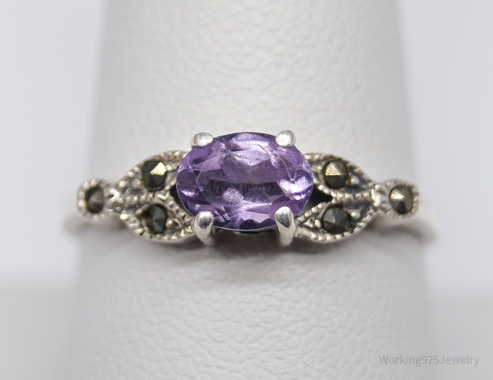 Vintage Amethyst & Marcasite Sterling Silver Ring - Size 9