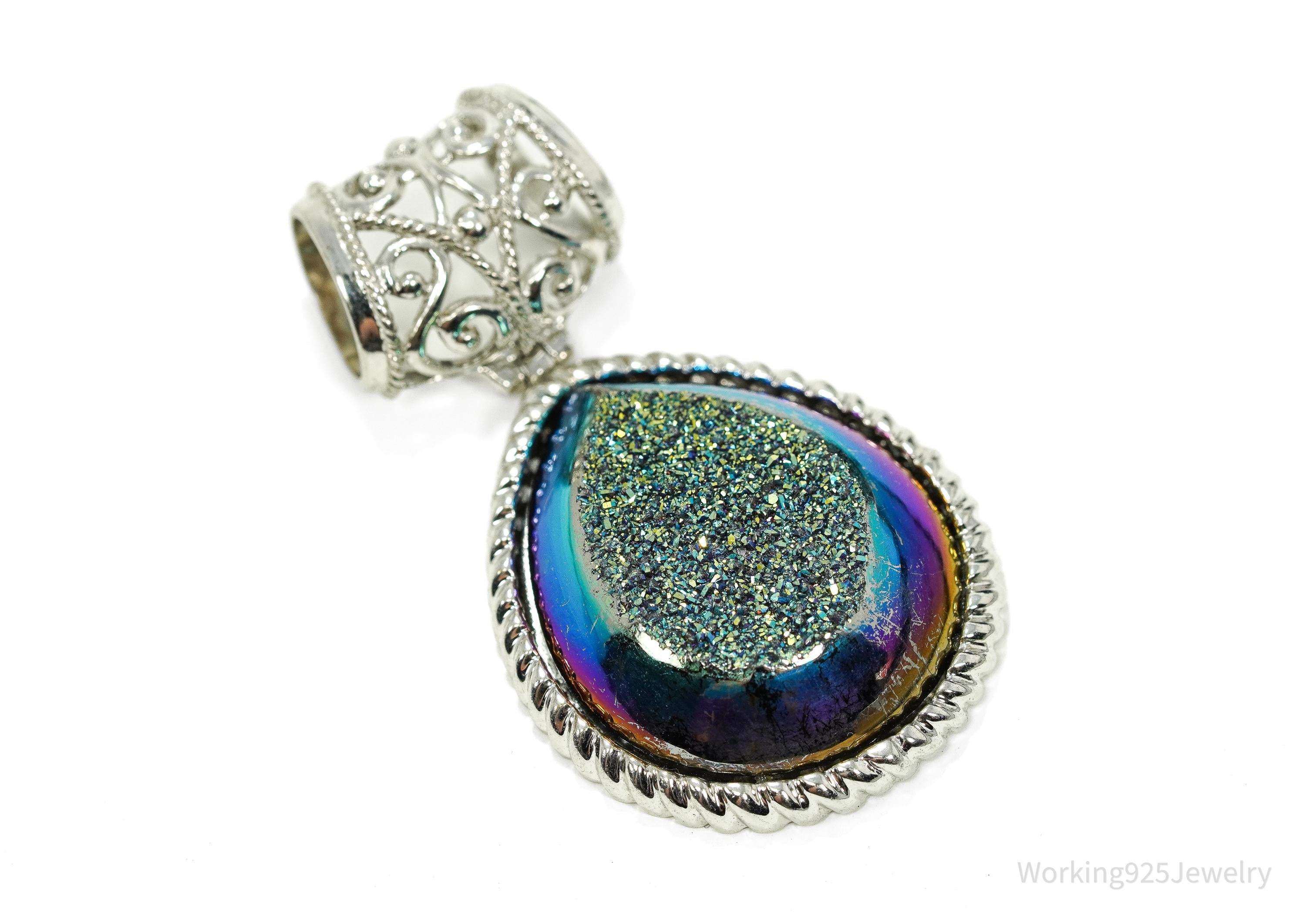 Vintage Large Druzy Quartz Sterling Silver Necklace Pendant