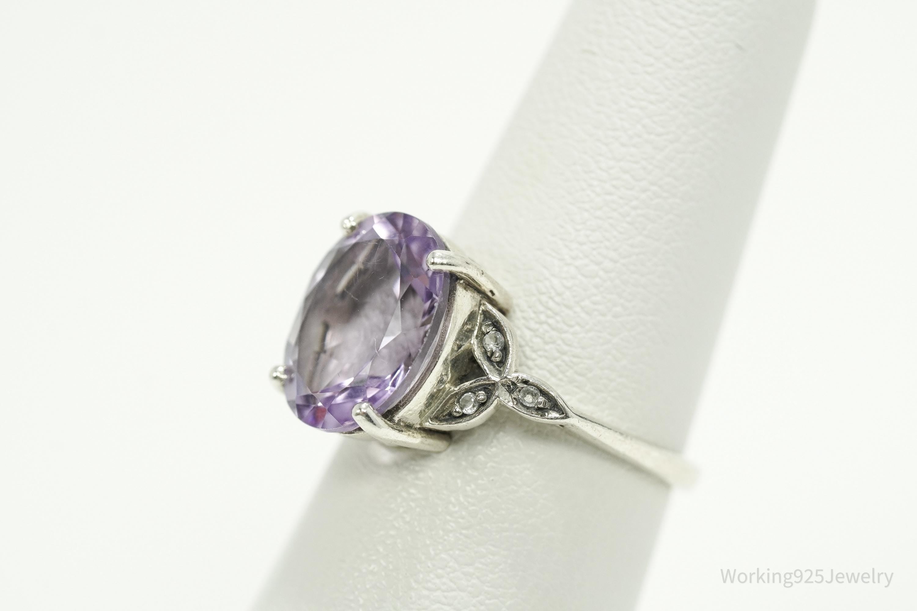 Vintage Amethyst & White Topaz Sterling Silver Ring - Size 5.75