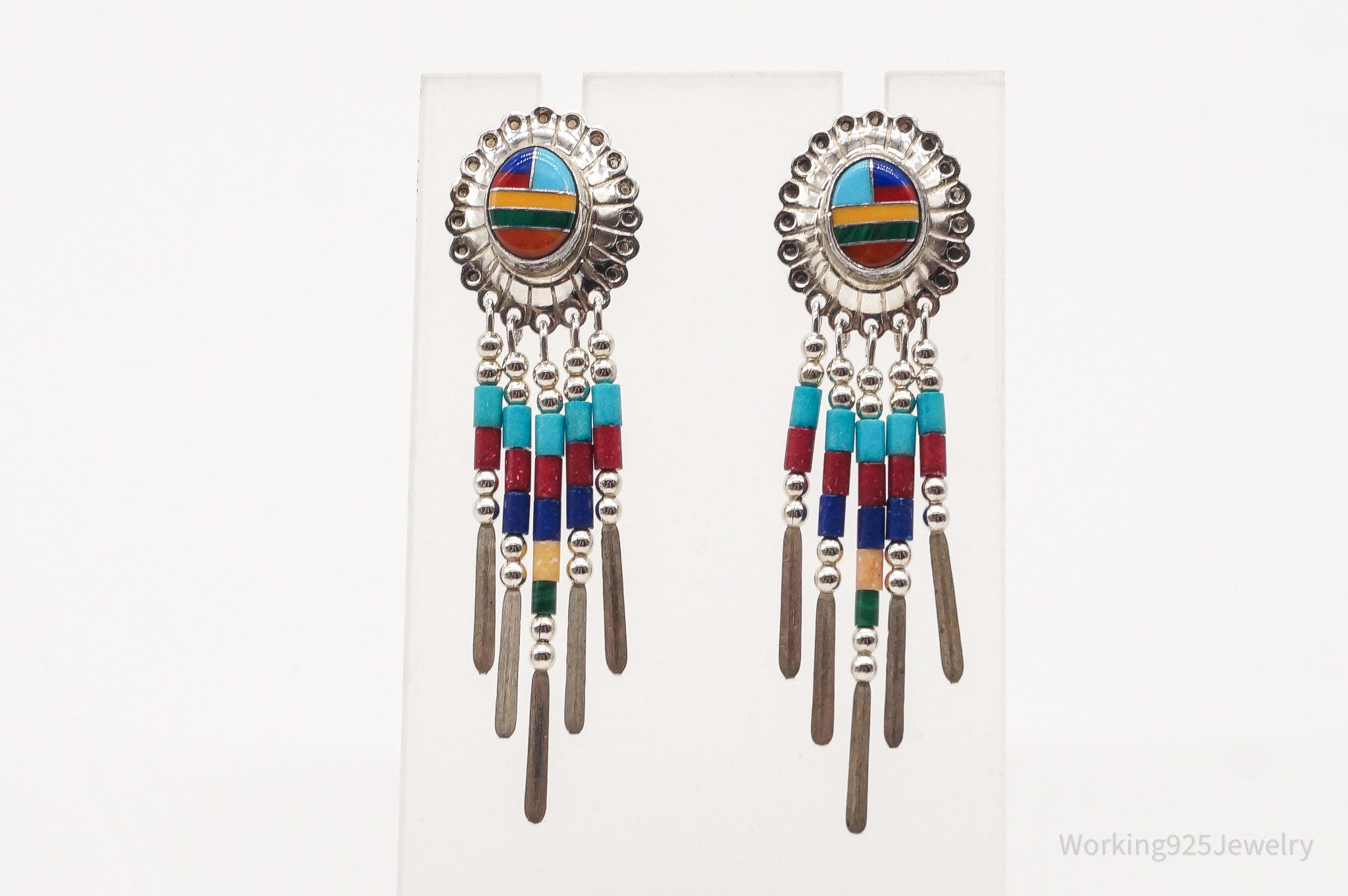 Vintage Native American Multi Gem Bead Sterling Silver Earrings