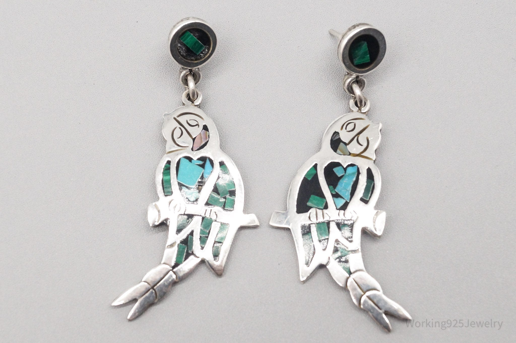 Vintage Large Mexico Turquoise Malachite Inlay Sterling Silver Birds  Earrings