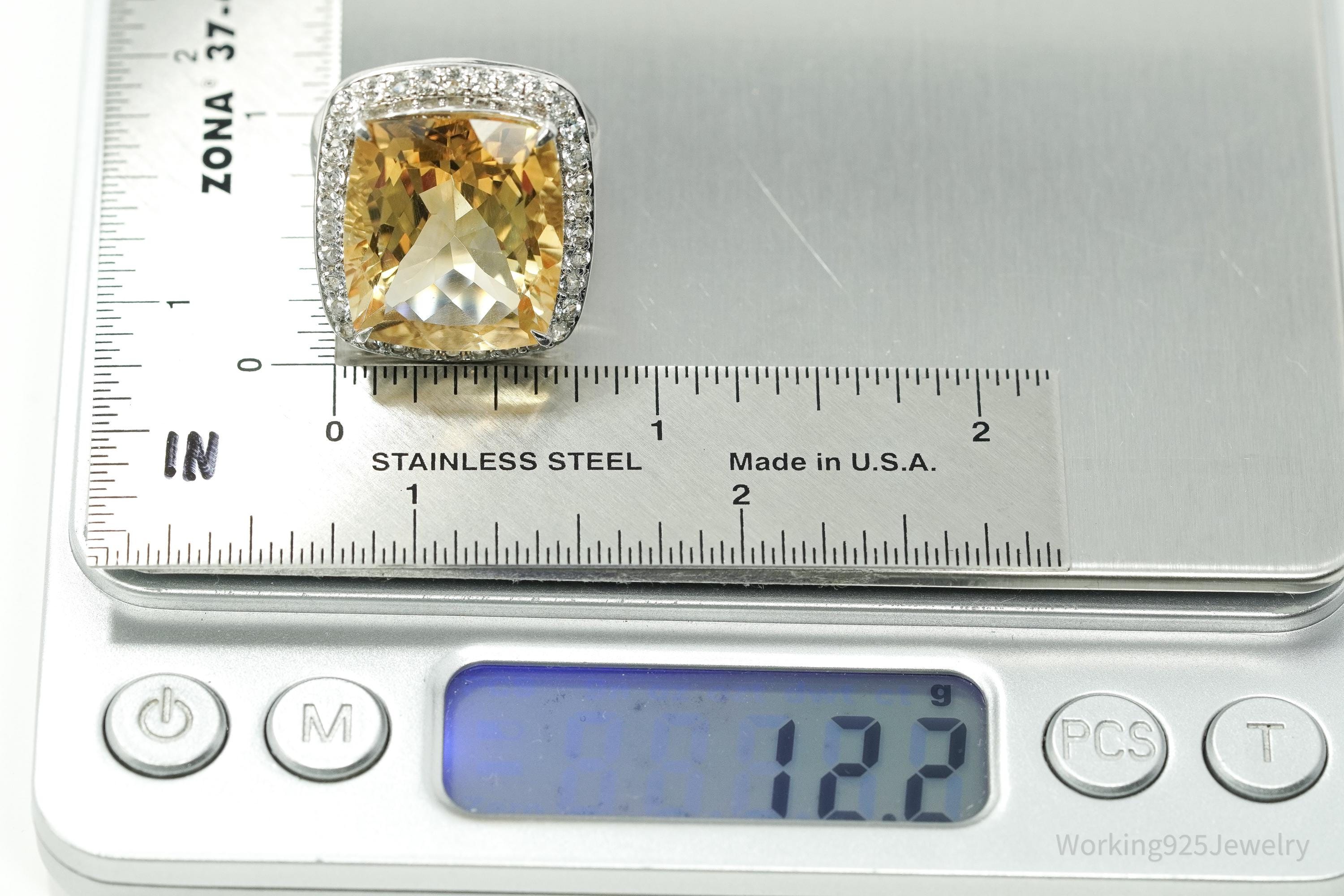 KHR Large Citrine & Cubic Zirconia Sterling Silver Ring Size 7.5