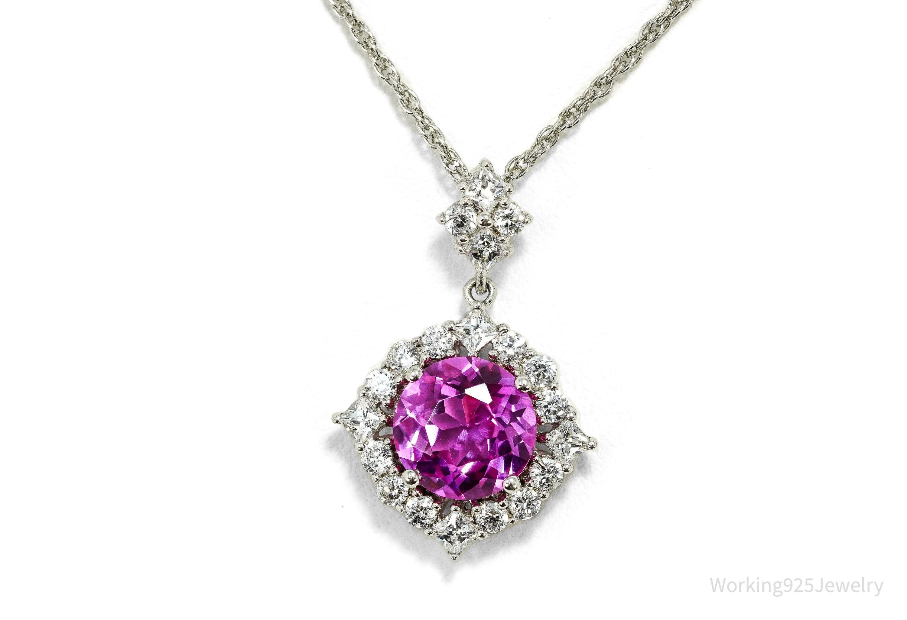 Vintage Synthetic Pink Sapphire & Cubic Zirconia Sterling Silver Necklace 18"