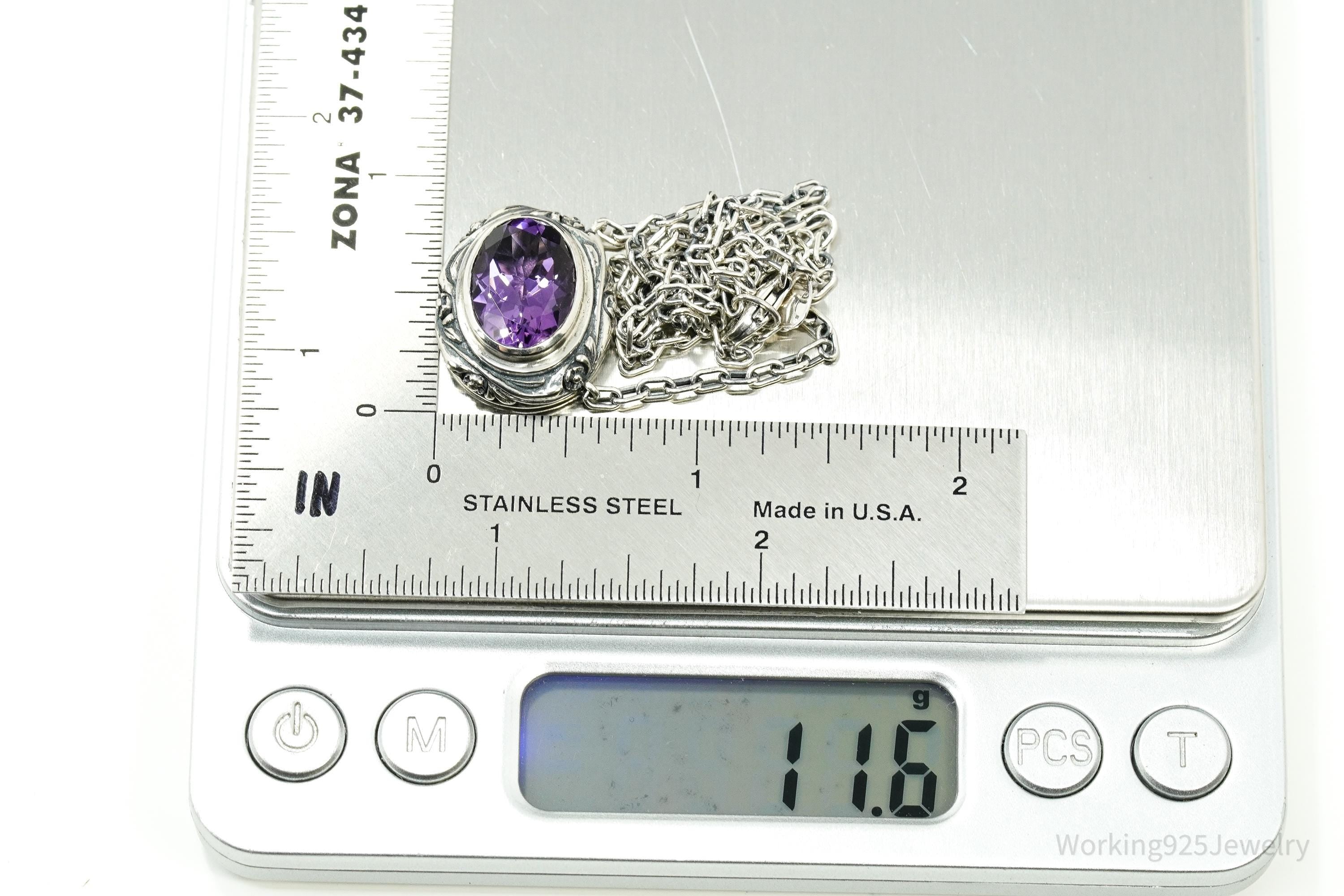 Vintage Large Amethyst Sterling Silver Necklace 17"