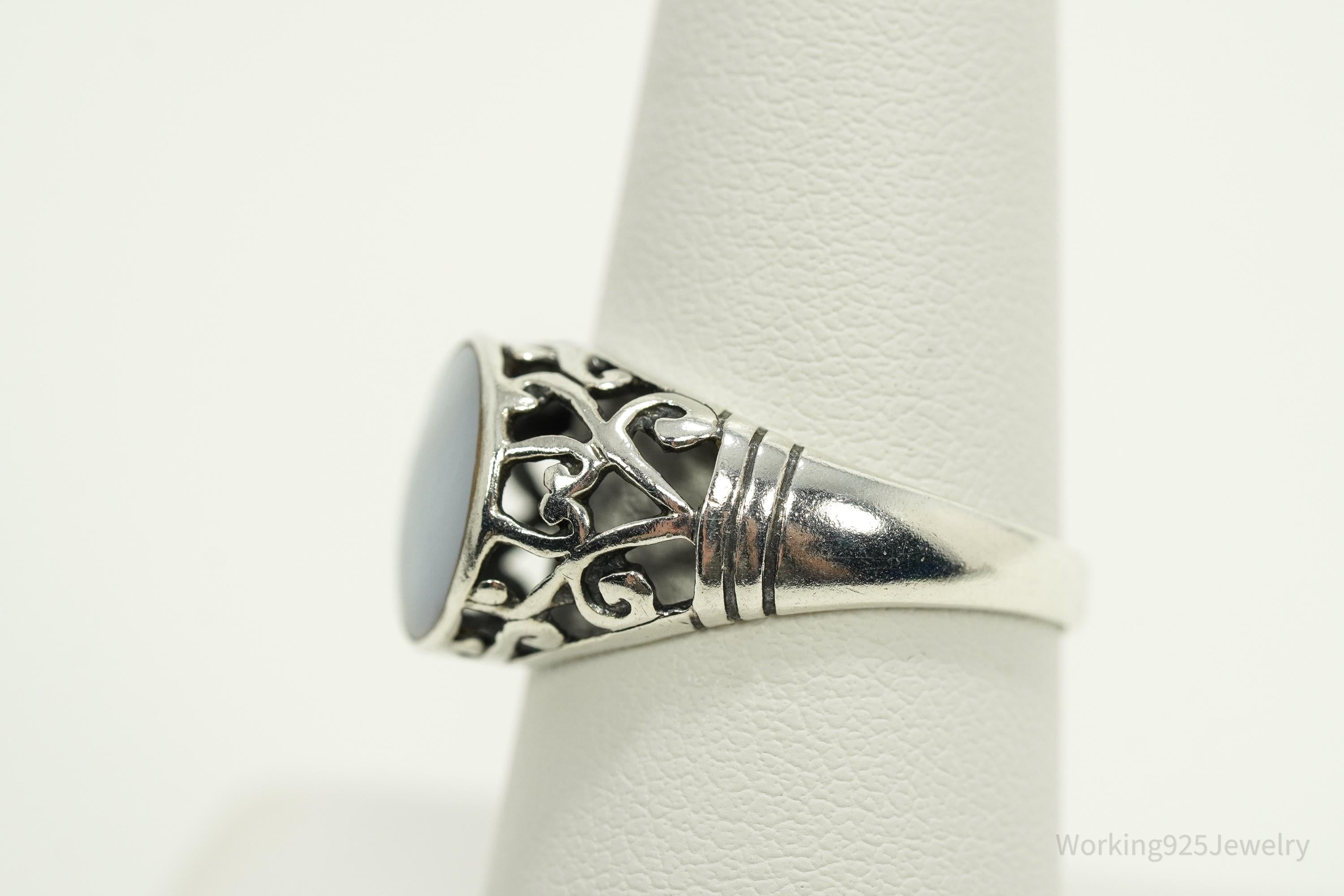 Vintage Blue Mother Of Pearl Sterling Silver Ring - Size 8.25