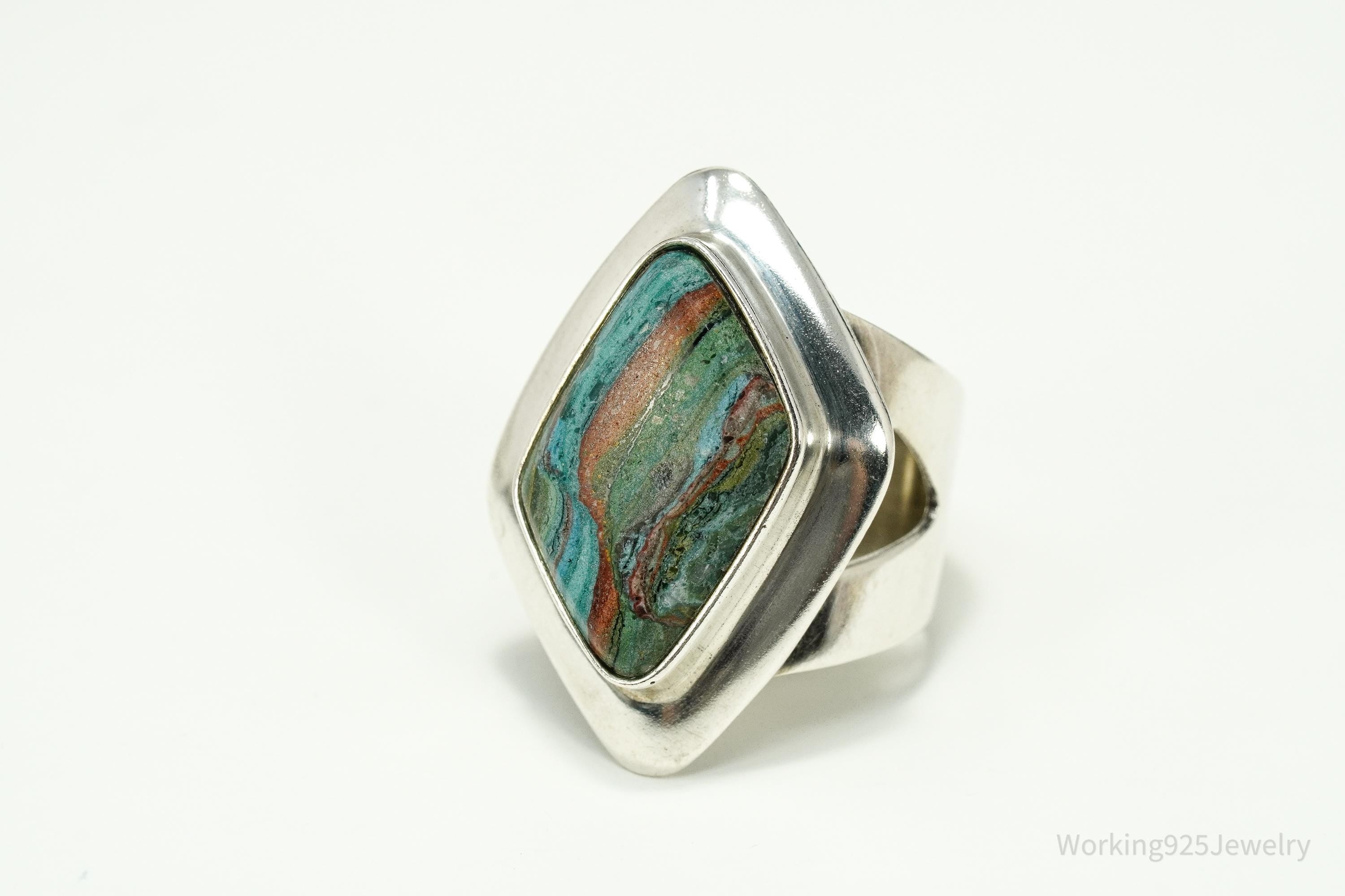 VTG Jay King Desert Rose Trading Rainbow Calsilica Sterling Silver Ring - Size 10