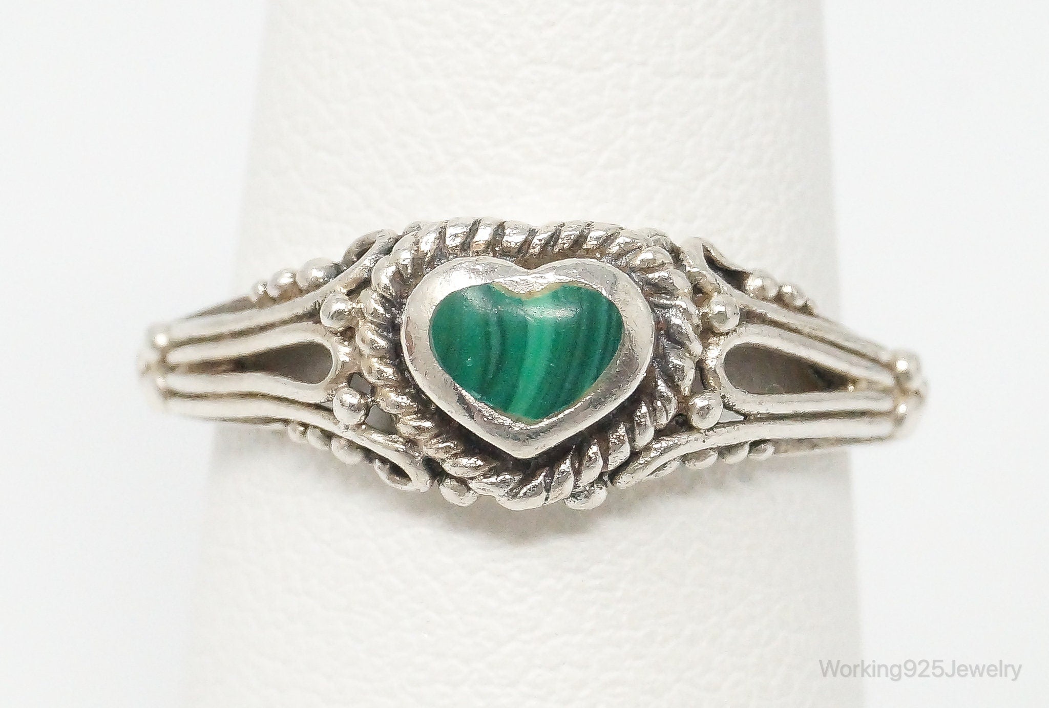 Vintage Malachite Heart Sterling Silver Ring Size 6