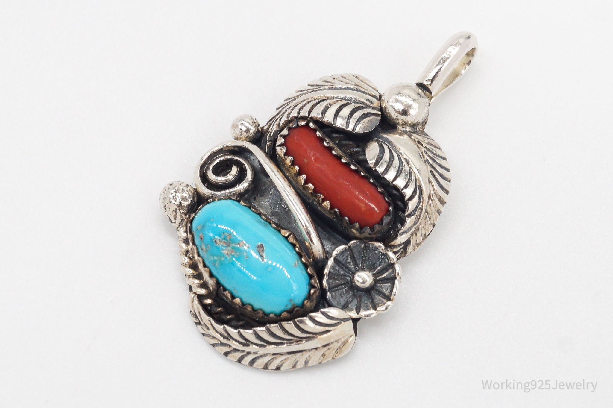 Vintage Native American Ashley Turquoise Coral Silver Pendant