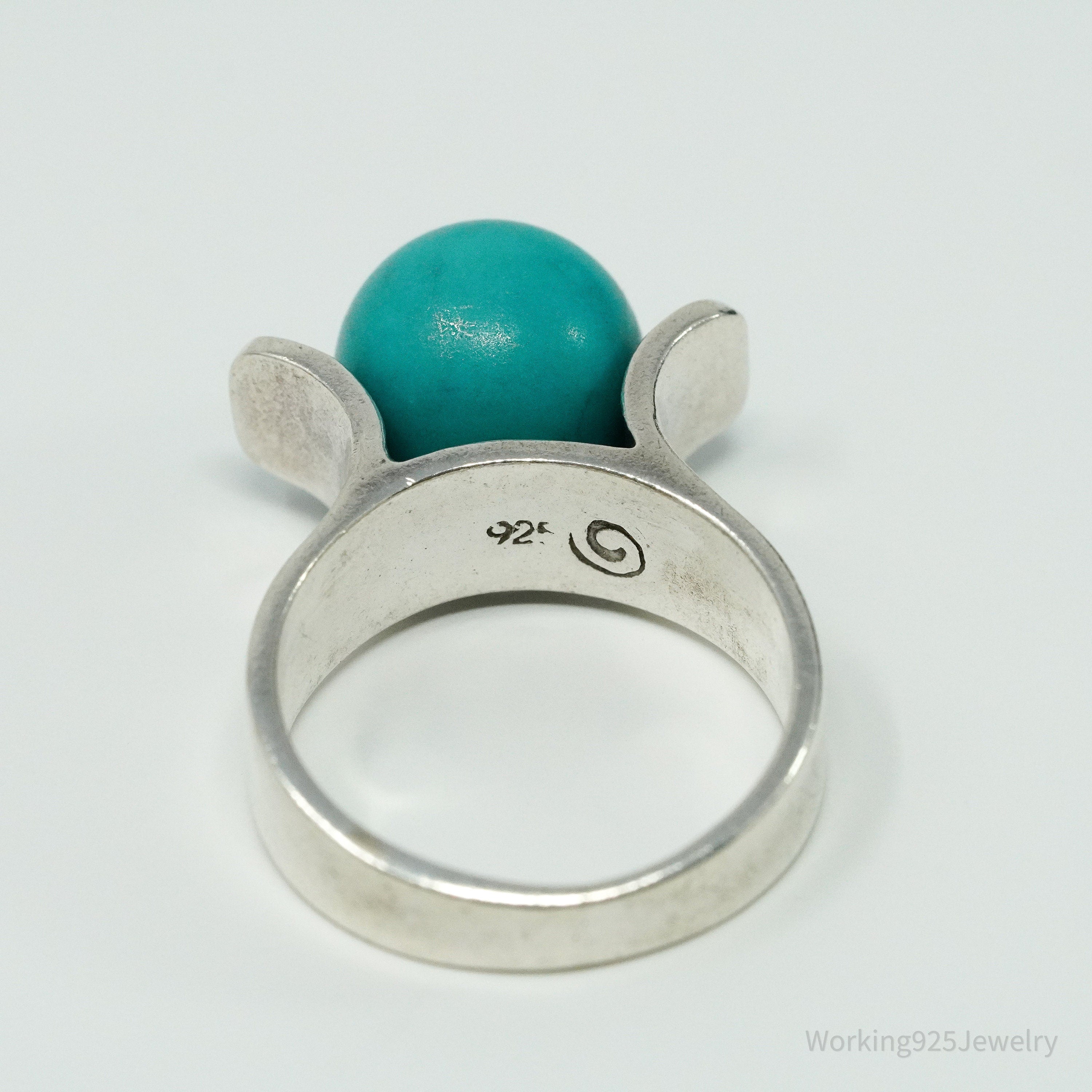 Vintage Spinning Turquoise Ball Modernist Sterling Silver Ring - Size 8