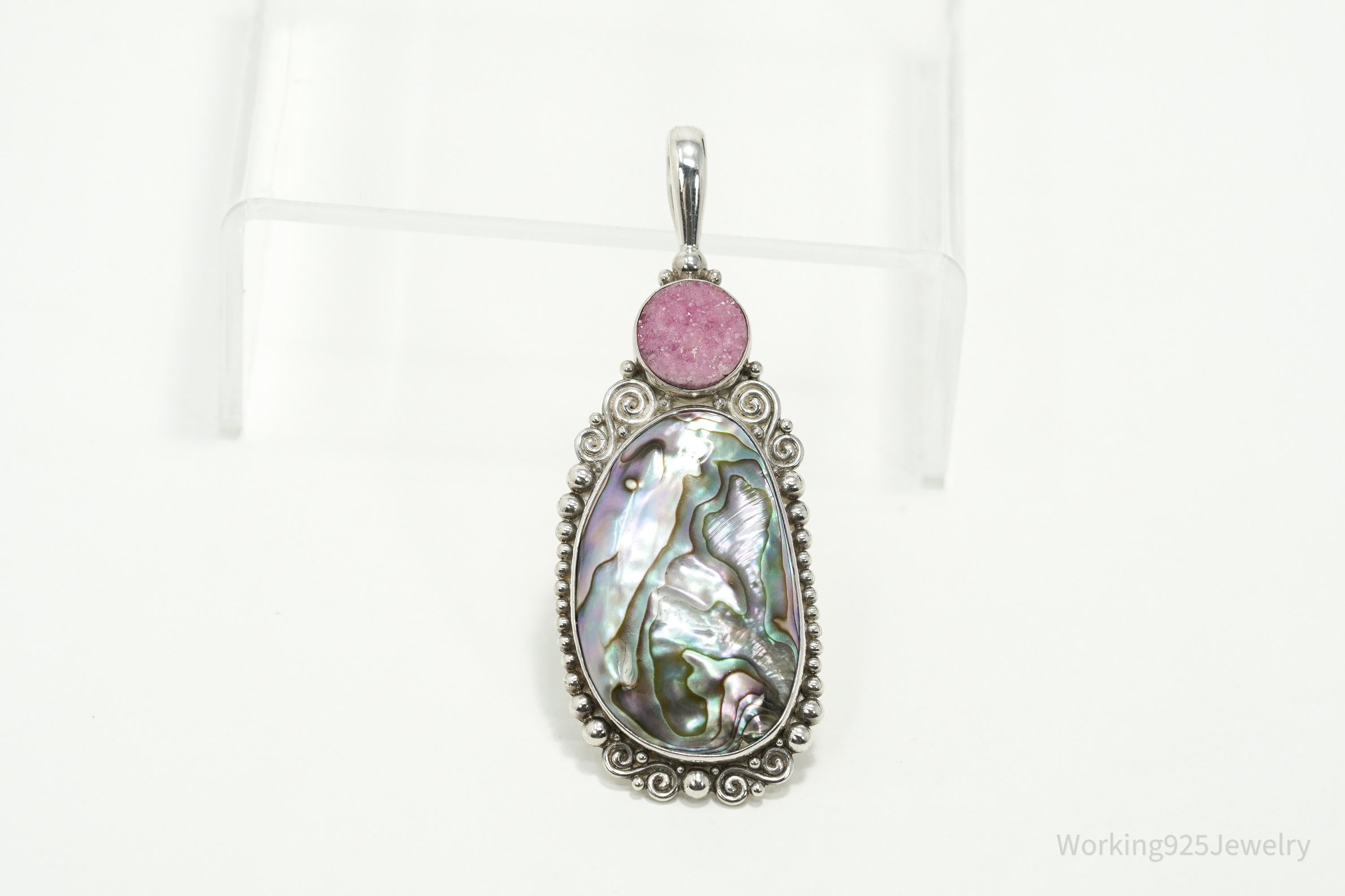 Vintage Designer SAJEN Paua Abalone & Pink Druzy Quartz Sterling Silver Pendant